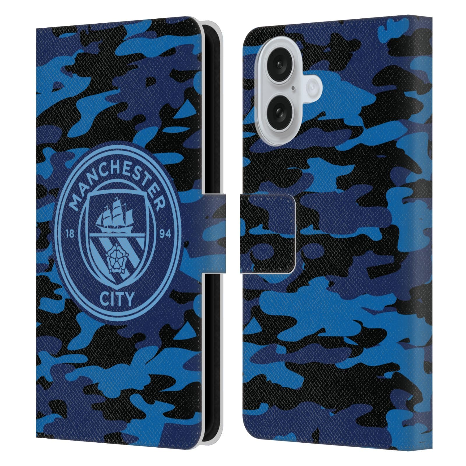 Head Case Designs Officially Licensed Manchester City Man City FC Dark Blue Moon Mono Badge Camou Leather Wallet Case Compatible With Apple iPhone 16