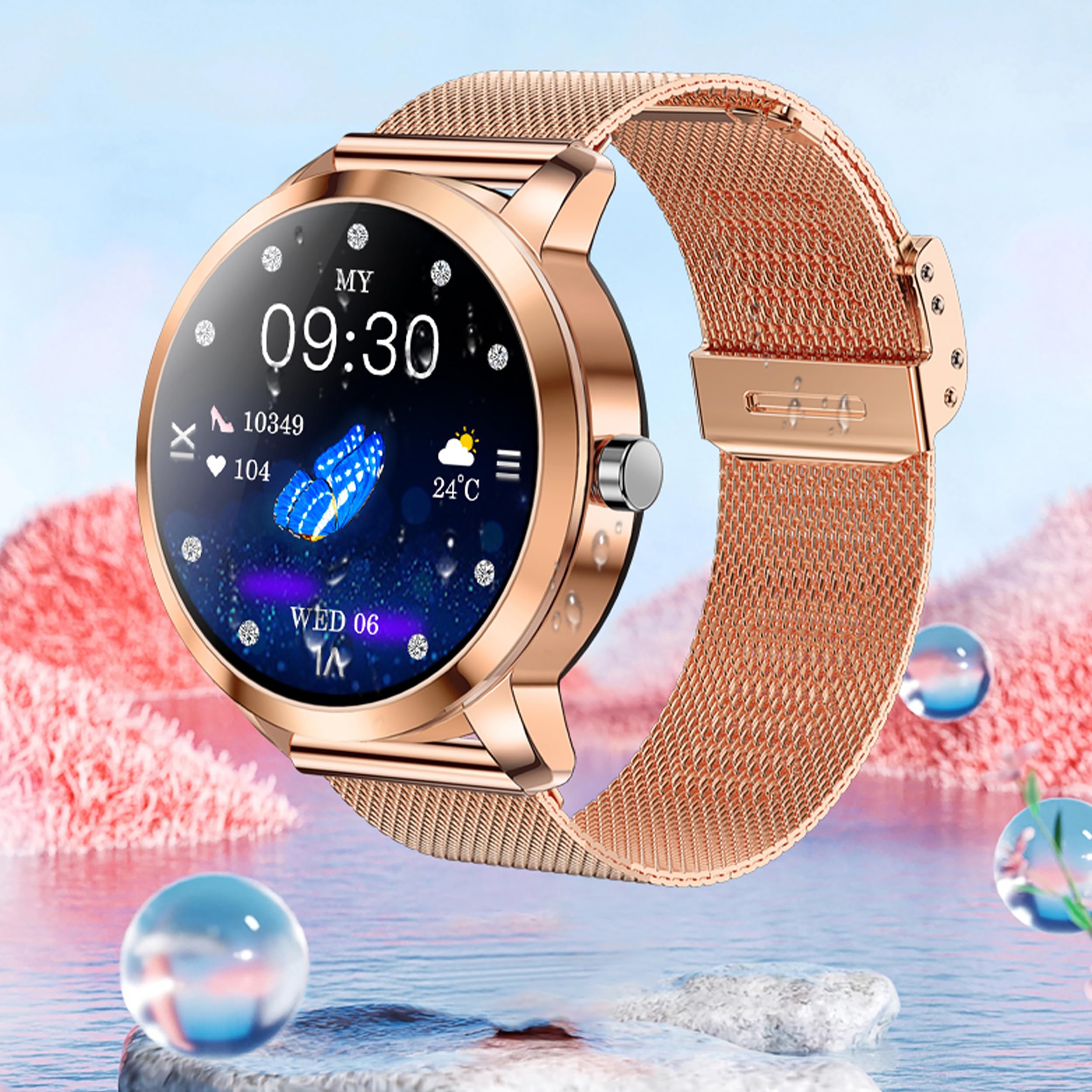 Reloj Inteligente para Mujer con Linterna de Llamadas Bluetooth, batería Grande, 1,27 Pulgadas, AMOLED 5 ATM, Reloj de Fitness con SpO2, medición de presión Arterial (Dorado)