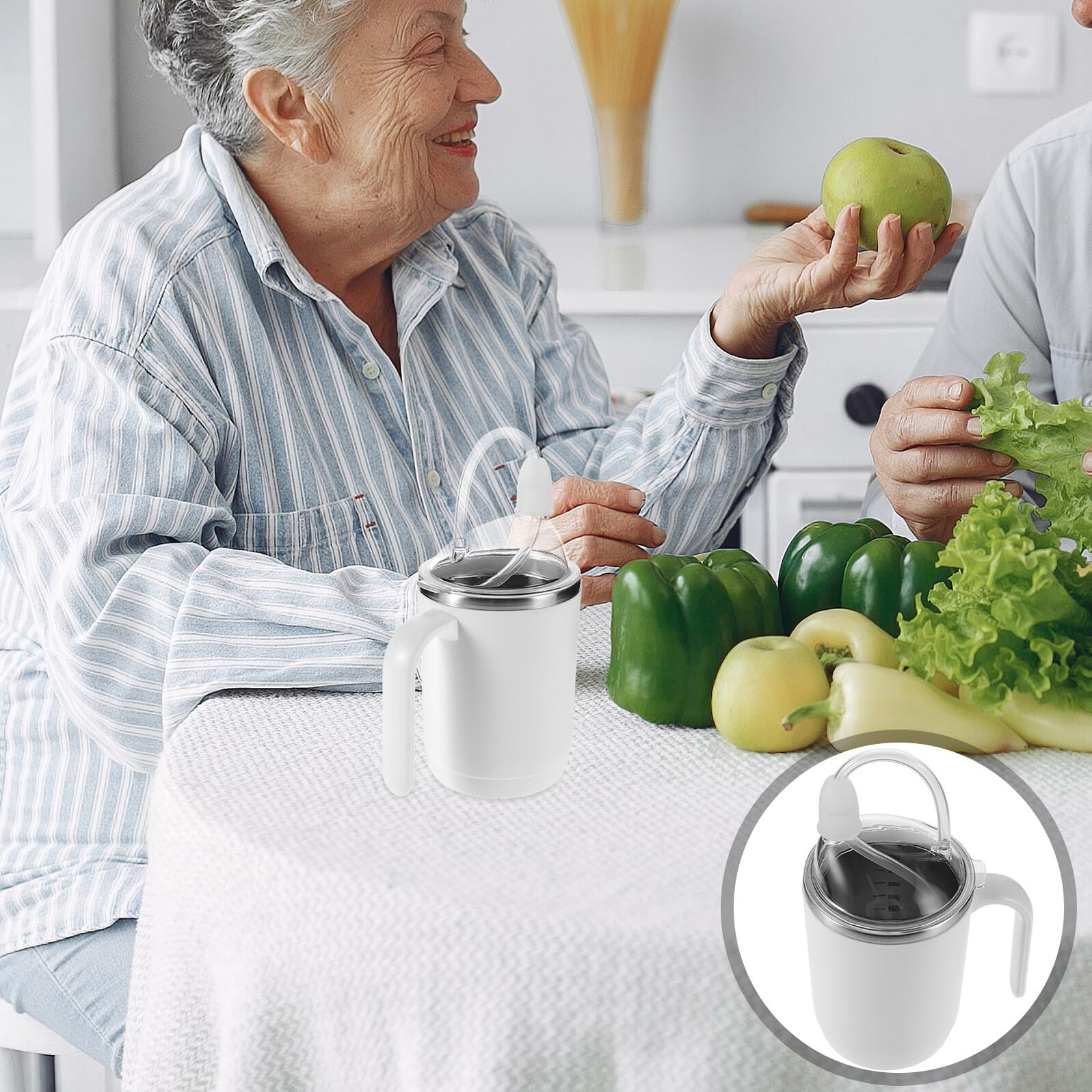 Outanaya Adaptiver Trinkbecher Senioren 450 Ml Auslaufsicher mit Strohhalm Edelstahlbecher Pflegebecher für Flüssige Nahrung Bettlägerige Ältere Menschen