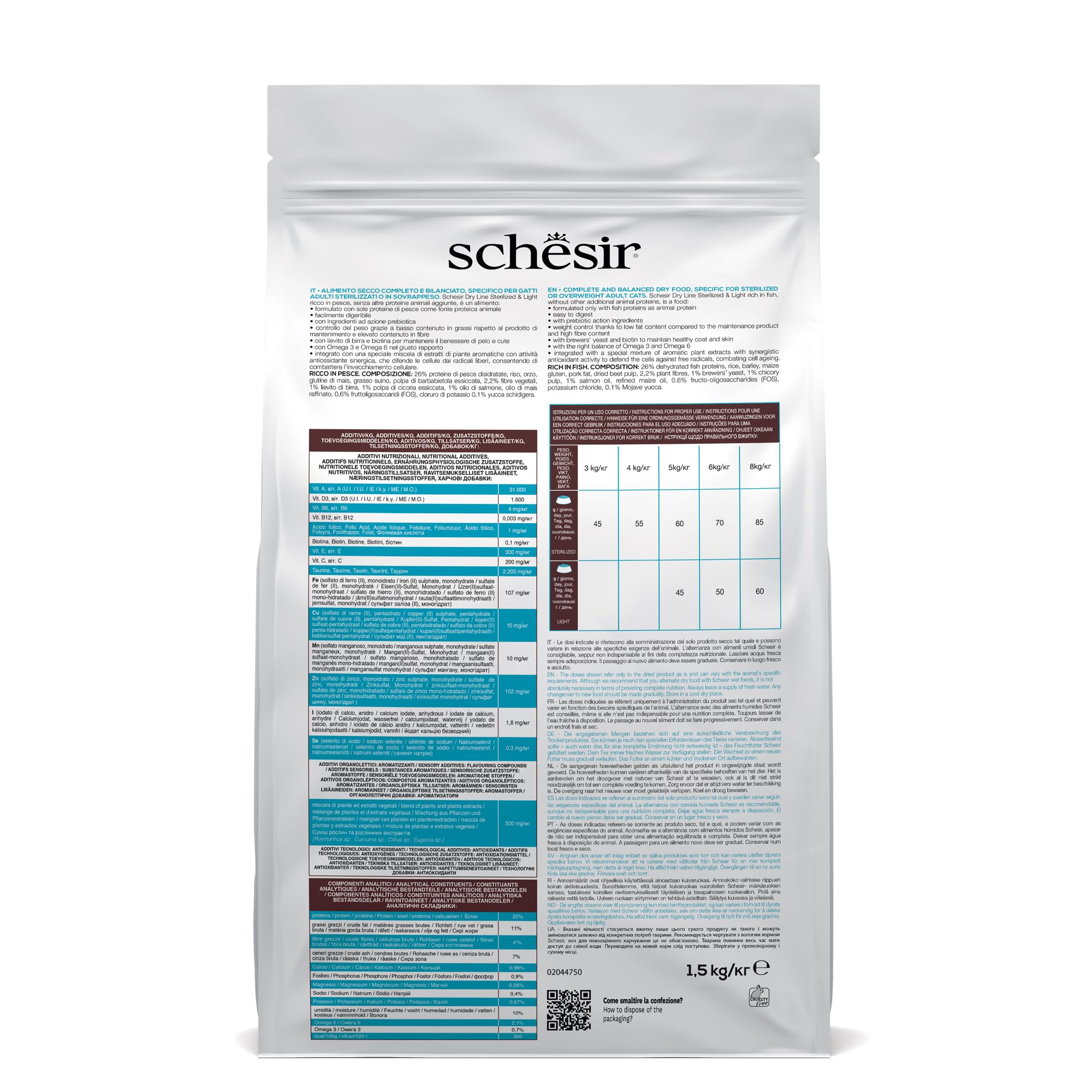 Schesir Sterilized & Light, Cibo Secco per Gatti Adulti Sterilizzati al Gusto Pesce, Crocchette - Sacco da 1,5 Kg