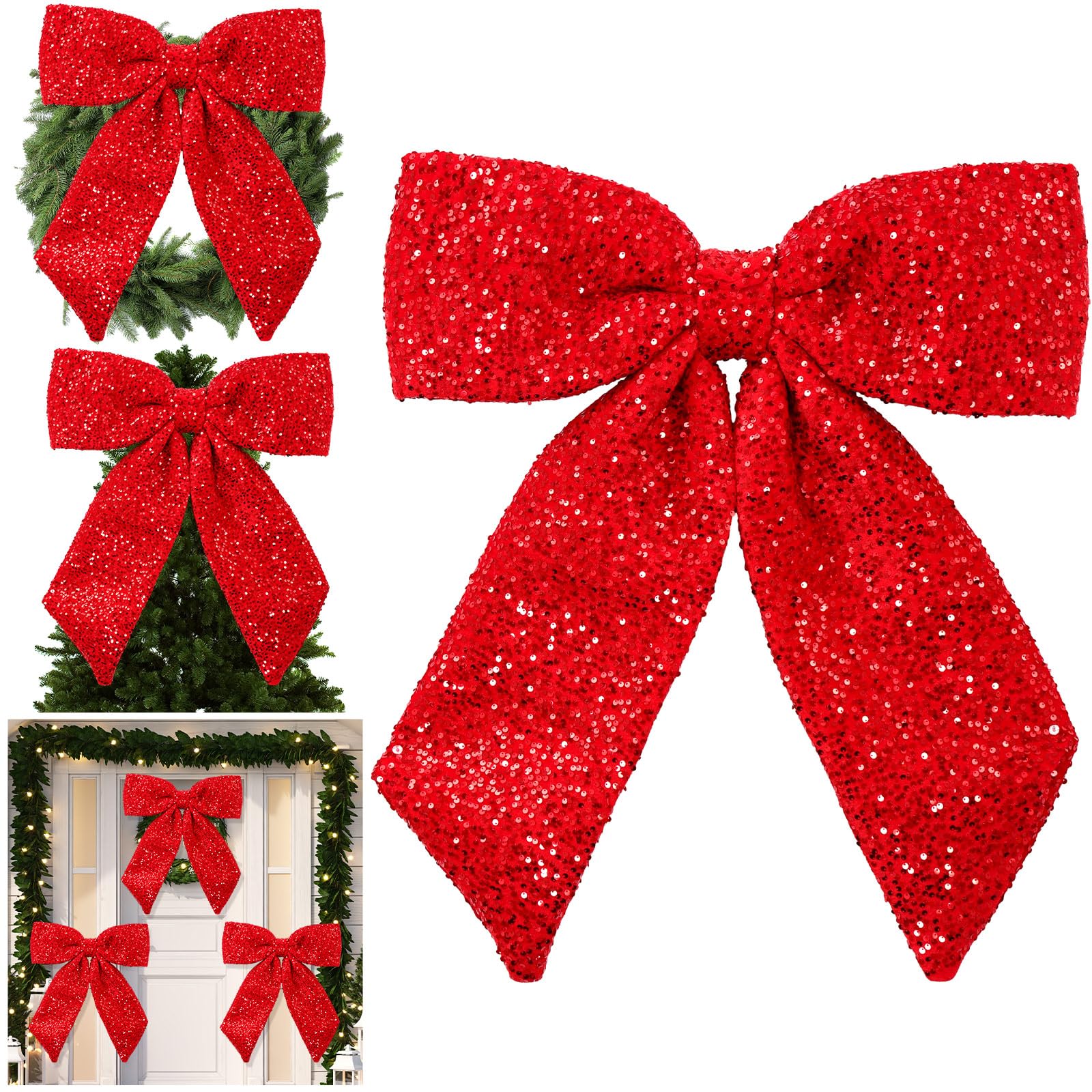 Hungdao 60 cm große glitzernde Stoffschleife mit Pailletten, dekorative Verpackung, Geschenk, Dekoration für Weihnachtsbaum, Kamin, Kranz, Urlaub, Party-Dekoration (rote Farbe)