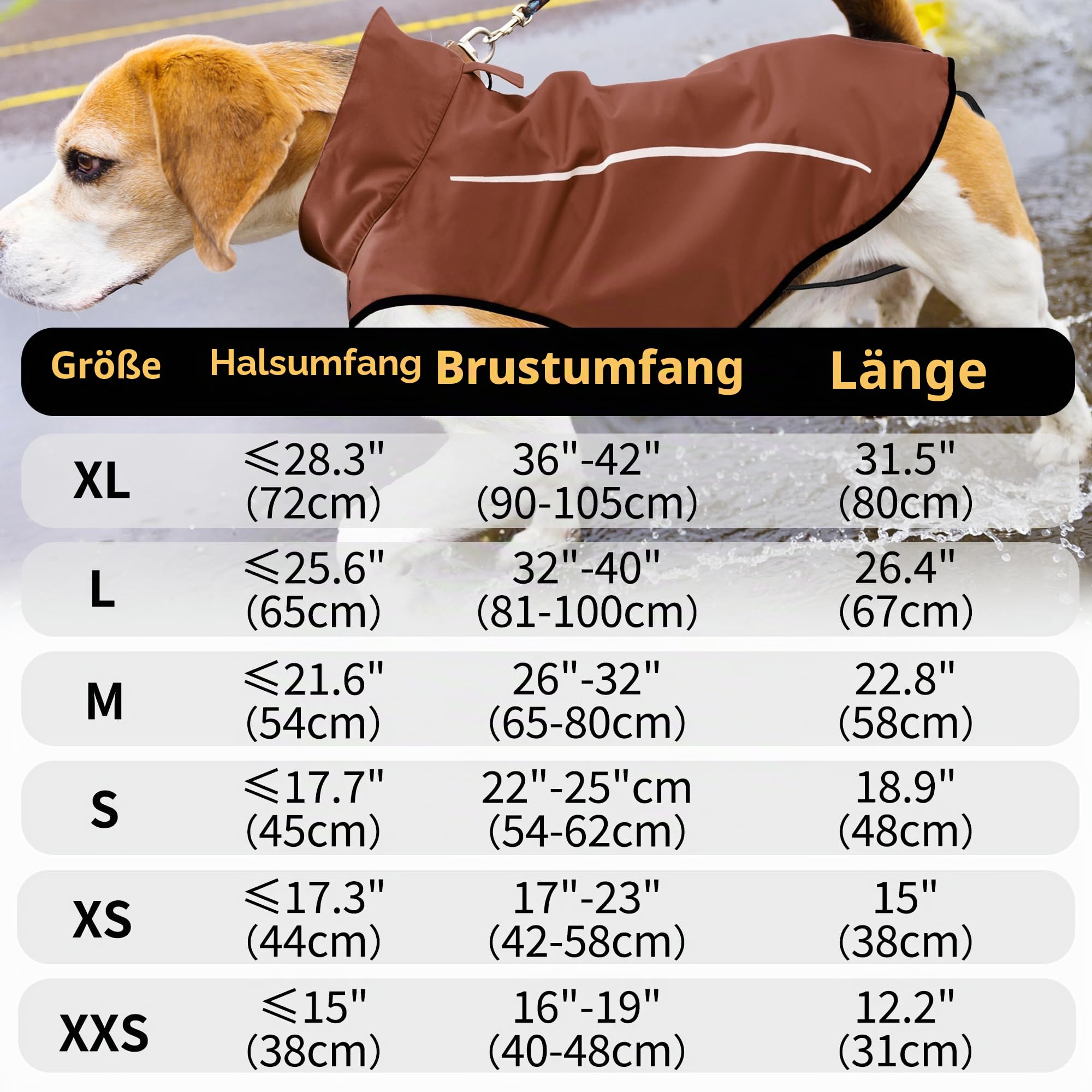 Mile High Life Hunderegenmantel Einstellbare wasserdichte Haustierkleidung Leichte Regenjacke mit reflektierendem Streifen Einfacher Einstiegsverschluss (S,Braun)