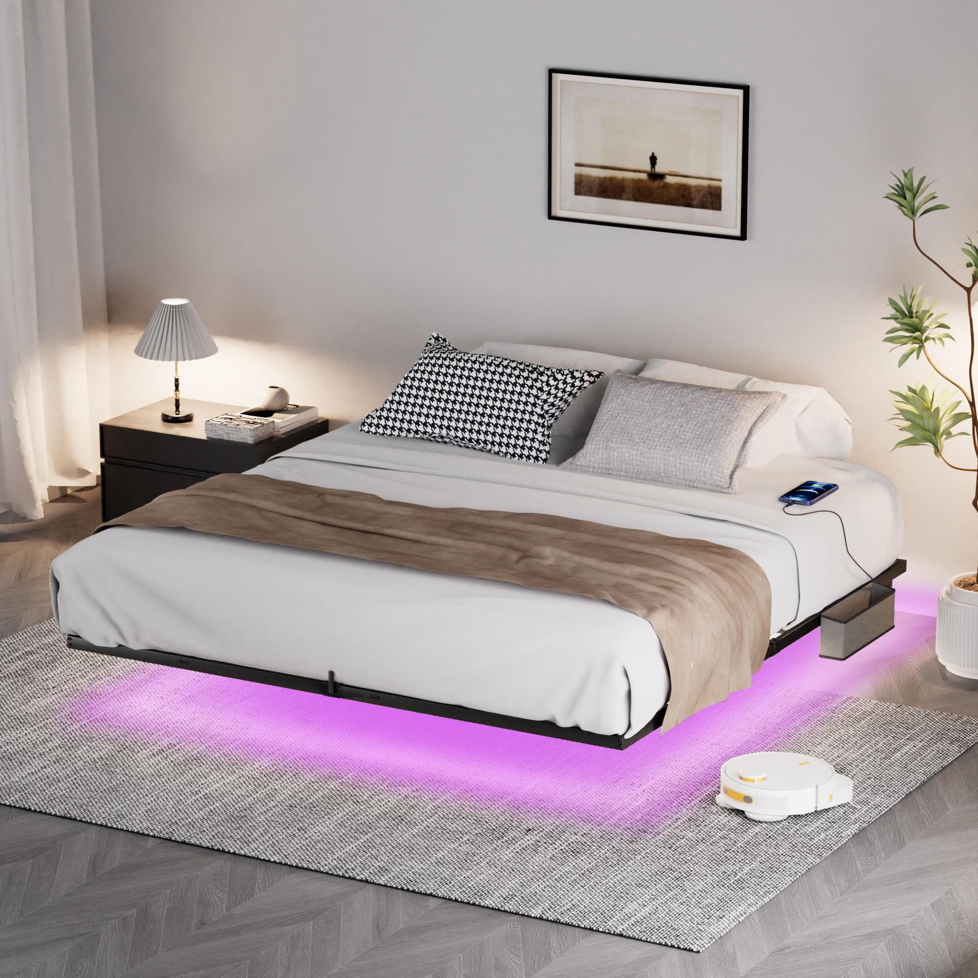 Industrial King Floating Bed Frame with LED Lights and Charging Station Metal Platform Bed Frame King Size with