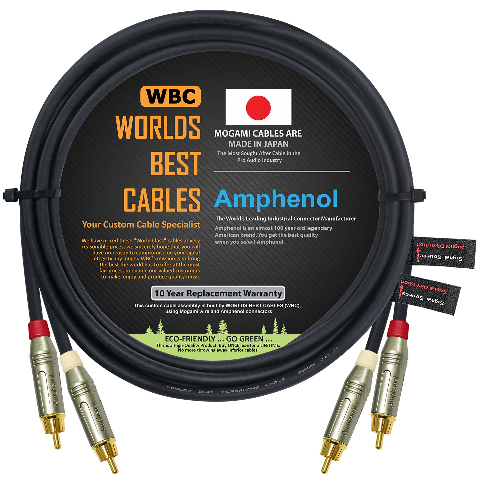 3 Meter – Directional High-Definition Audio Interconnect Cable Pair CUSTOM MADE using Mogami 2549 wire and Amphenol ACPR Die-Cast, Gold Plated RCA Connectors