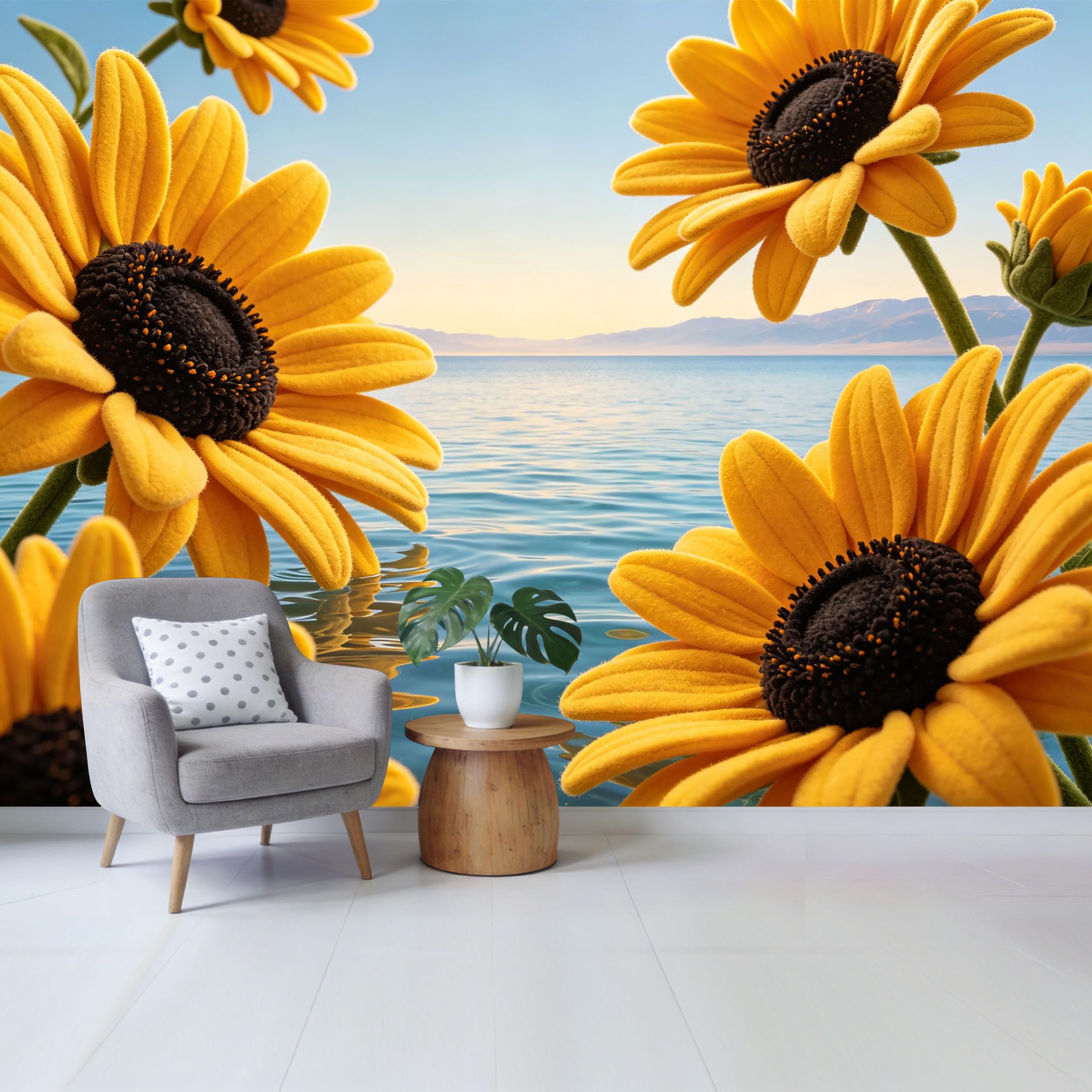 Qzlithotic Yq2605251070 Custom Size Wall Mural Bright Yellow Sunflower Ocean Lake Botanical 3D Trompe L'oeil Selfadhesive Wall Fabric Removable Wallpaper For Home Office Decor