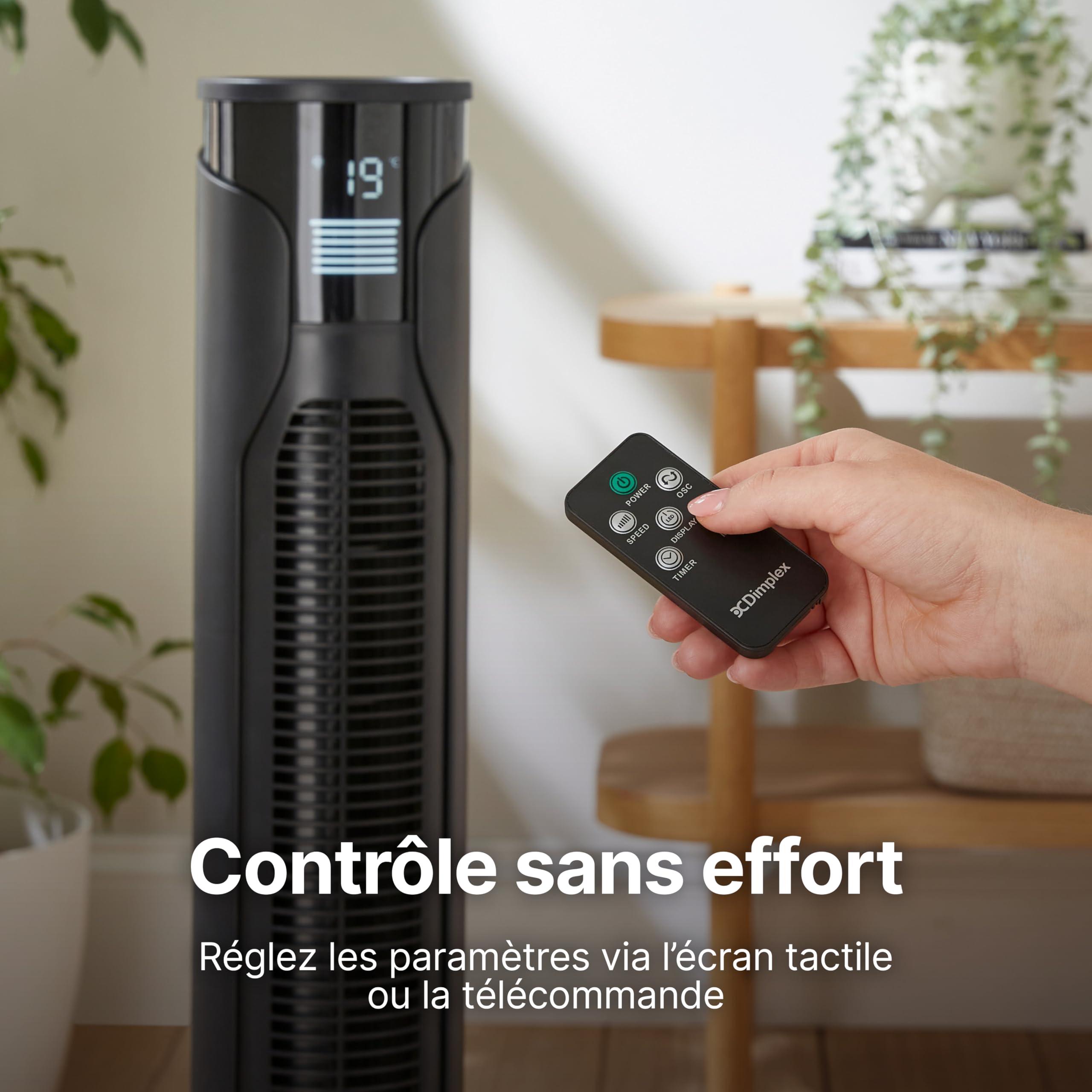 DIMPLEX Ventilateur Colonne Oscillant 70°, 3 Vitesses, Minuterie 12h, Écran LED, 4 Modes, Télécommande, Anthracite