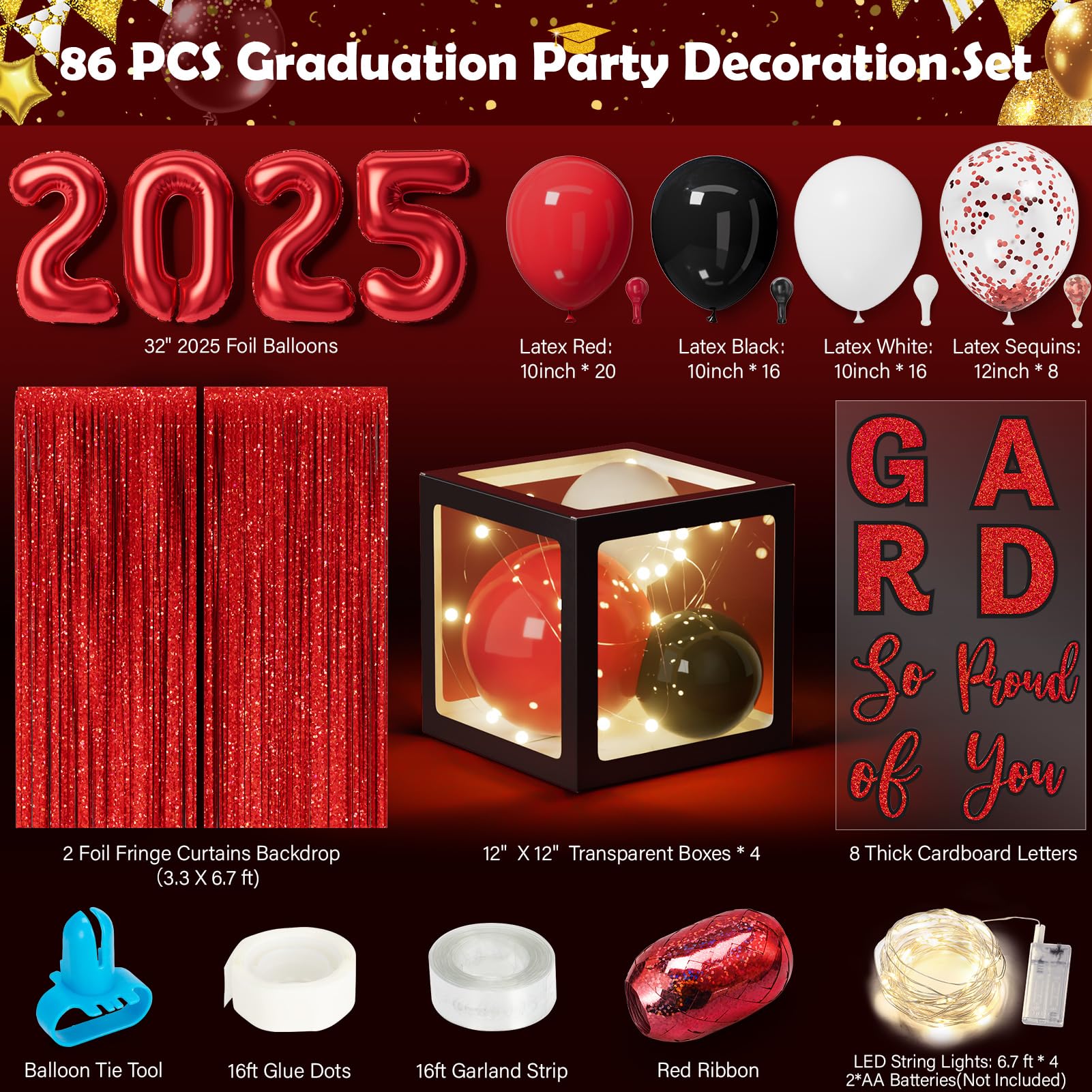 Asoulin Graduation Party Decorations Class of 2025, 86PCS Red & Black Graduation Party Supplies High School College Grad Balloon Boxes with Letter, Foil Curtains, LED String Light, Balloon Garland Kit