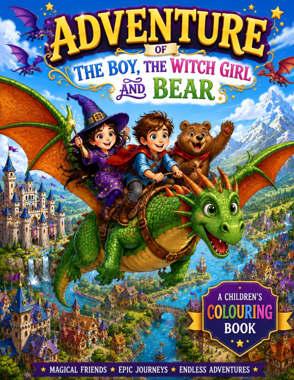 Adventure of the boy the witch girl and bear: A magical adventure colouring book, story base and learning age 3-8