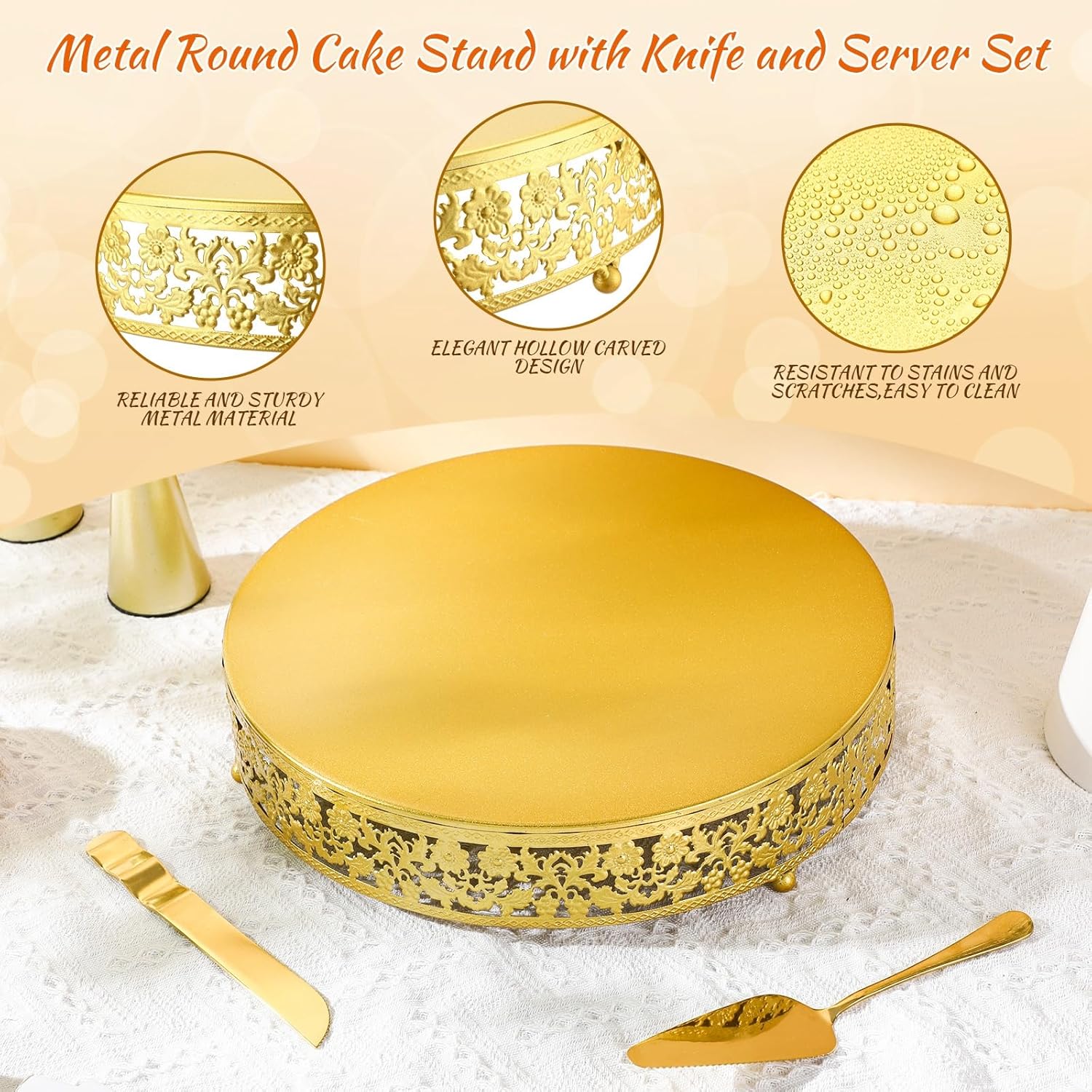 Wenqik 14 Inch Christmas Cake Stand Gold Metal Round Cupcake Dessert Stand with Cake Cutting, Spatula Xmas Cupcake Pastry Display Candy Holder Display for Xmas Wedding Birthday Party(flower, 14 Inch)