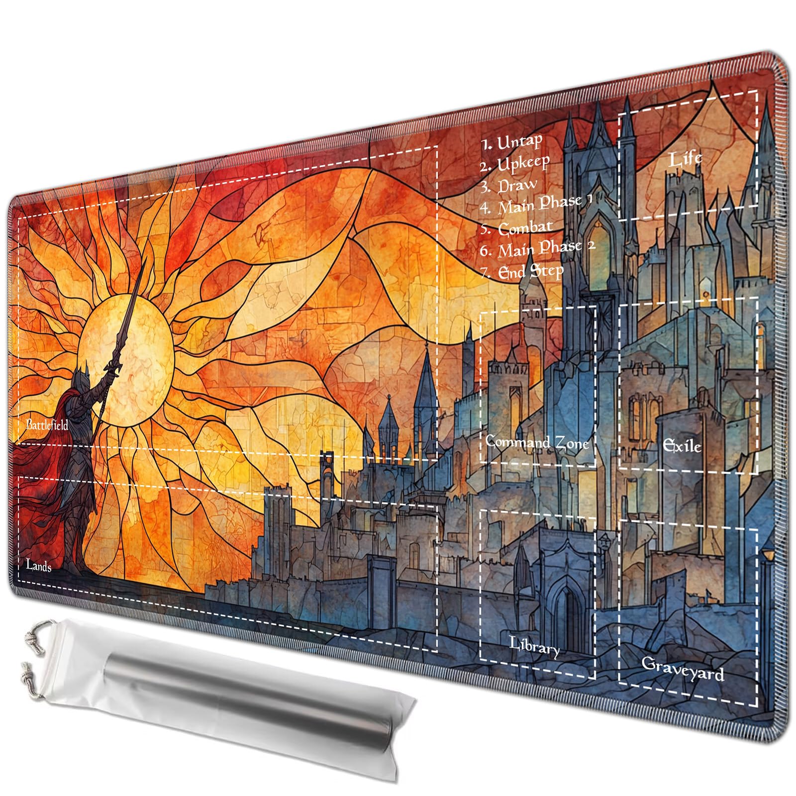 JANENFNA Playmat 24" x 14" with Magic Zones for MTG Card Game Playing, Board Game Mat for Card Breaking Commander Deck Gaming Card Game Battles Mat with Storage Bags, Sun and Ancient Castle — image 1