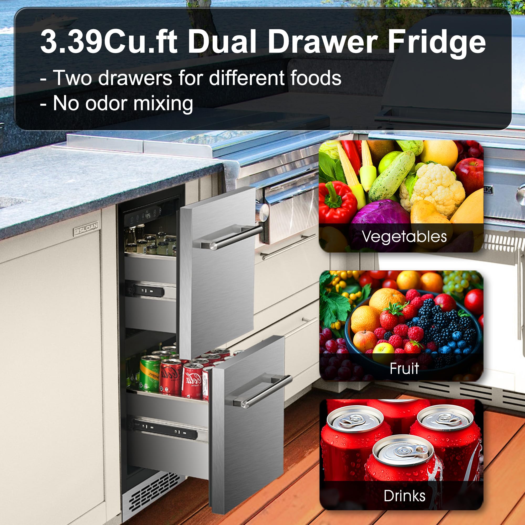 Vesgolden 15 Inch Double Drawer Refrigerator,Under Counter Beverage Fridge For Indoor Outdoor Kitchen,3.39 Cu.Ft. Waterproof Silver&Black Stainless Steel Refrigerator on Fridge.com - View 2