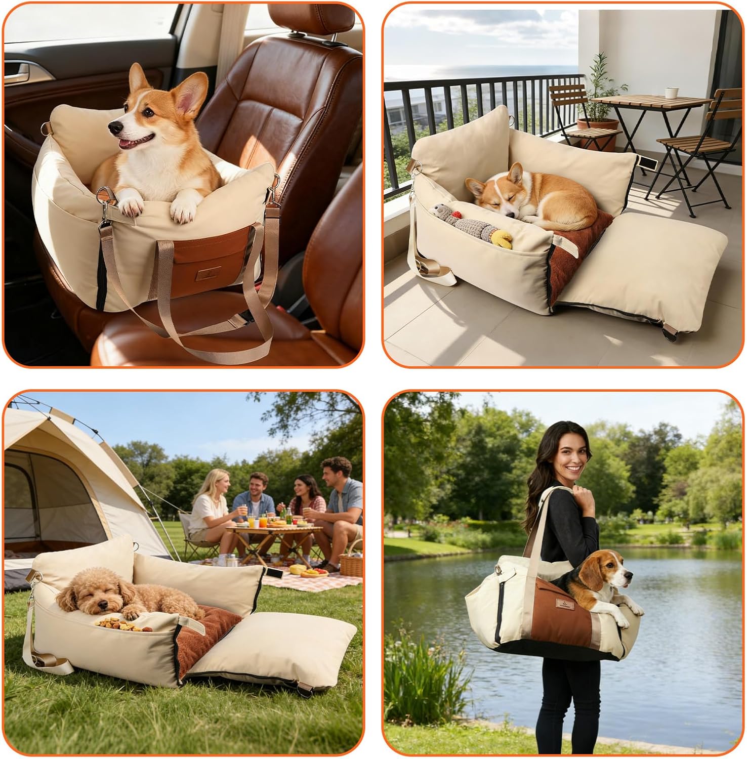 Dog Car Seats for Small Dogs, Waterproof Puppy Car Seat with Side Handles and Large Pockets, Clip-On Safety Leash and PP Cotton Filling, Pet Booster Seat for Small Dog up to 25lbs (Apricot)