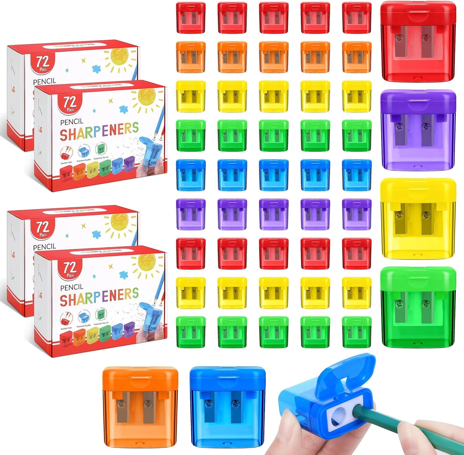 Aodaer 288 Pieces Pencil Sharpeners Bulk Double Hole Pencil Sharpener Manual Pencil Sharpeners with Lid, 6 Assorted Colors Pencil Sharpener for Party Home Supplies