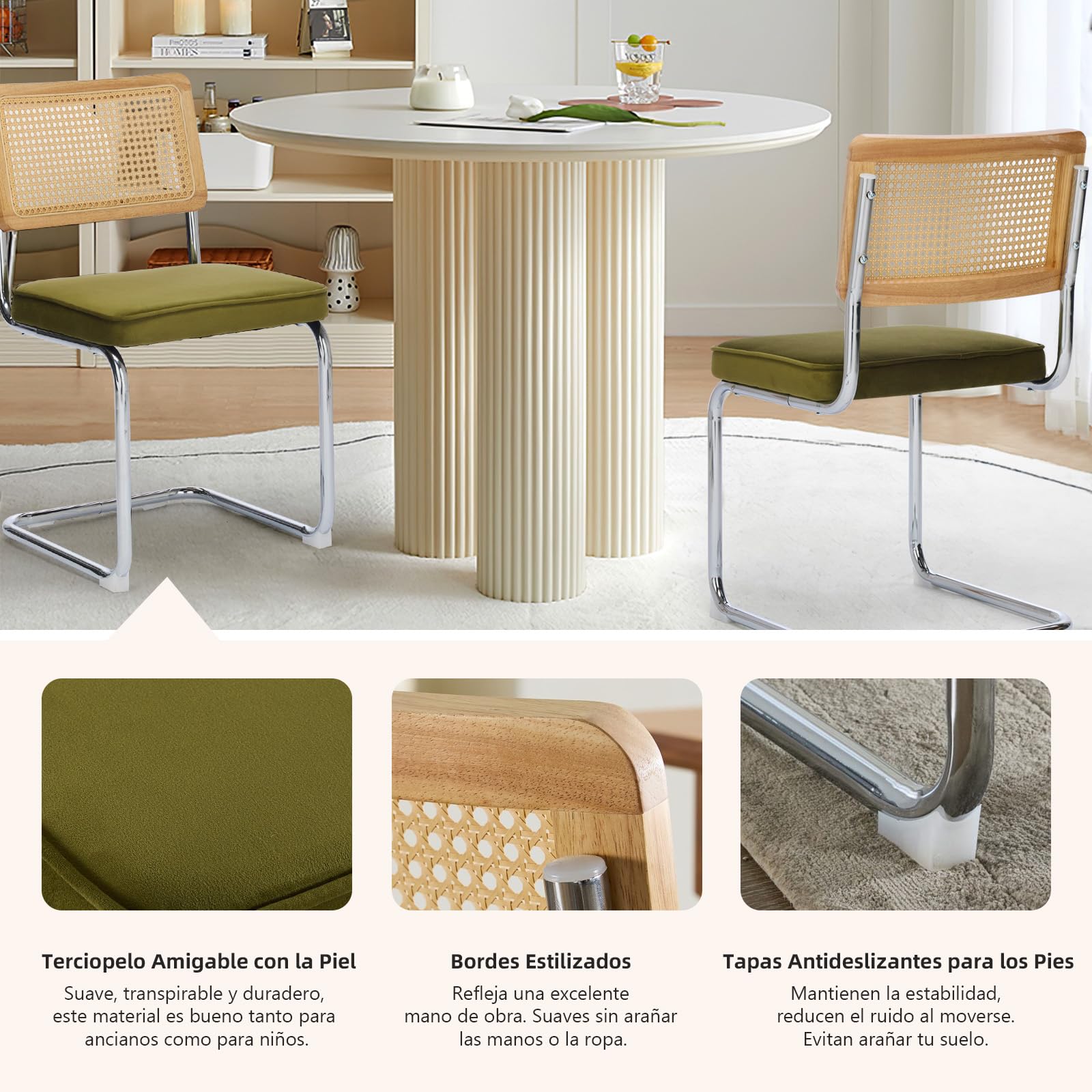 SoarFlash Sillas de Comedor Mid-Century Modernas, Respaldo de Rattan Tresse a Mano, Estructura Cantilever en Acero Cromado, Asiento Moelleux en Terciopelo, Set de 2, Verde