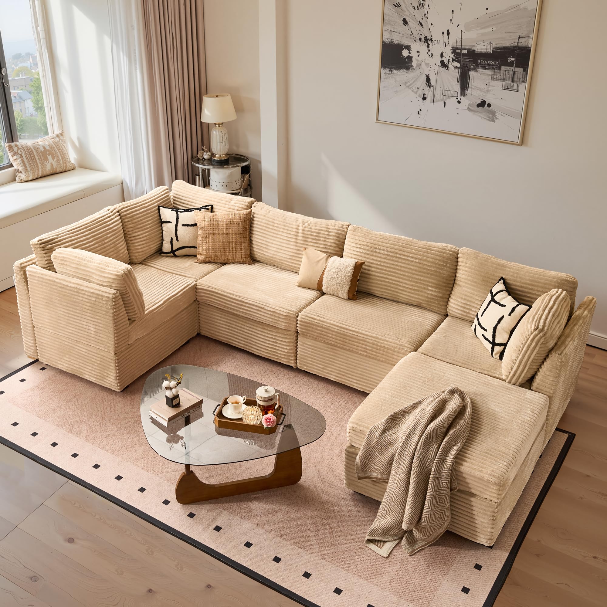 ovios Modular Sectional Sofa Couch with L-Shape Chaise Ottoman, Comfy Plush Corduroy Cloud Couches, Modern Luxury Deep Seat Sofas Set for Living Room, 6-Seater, Beige