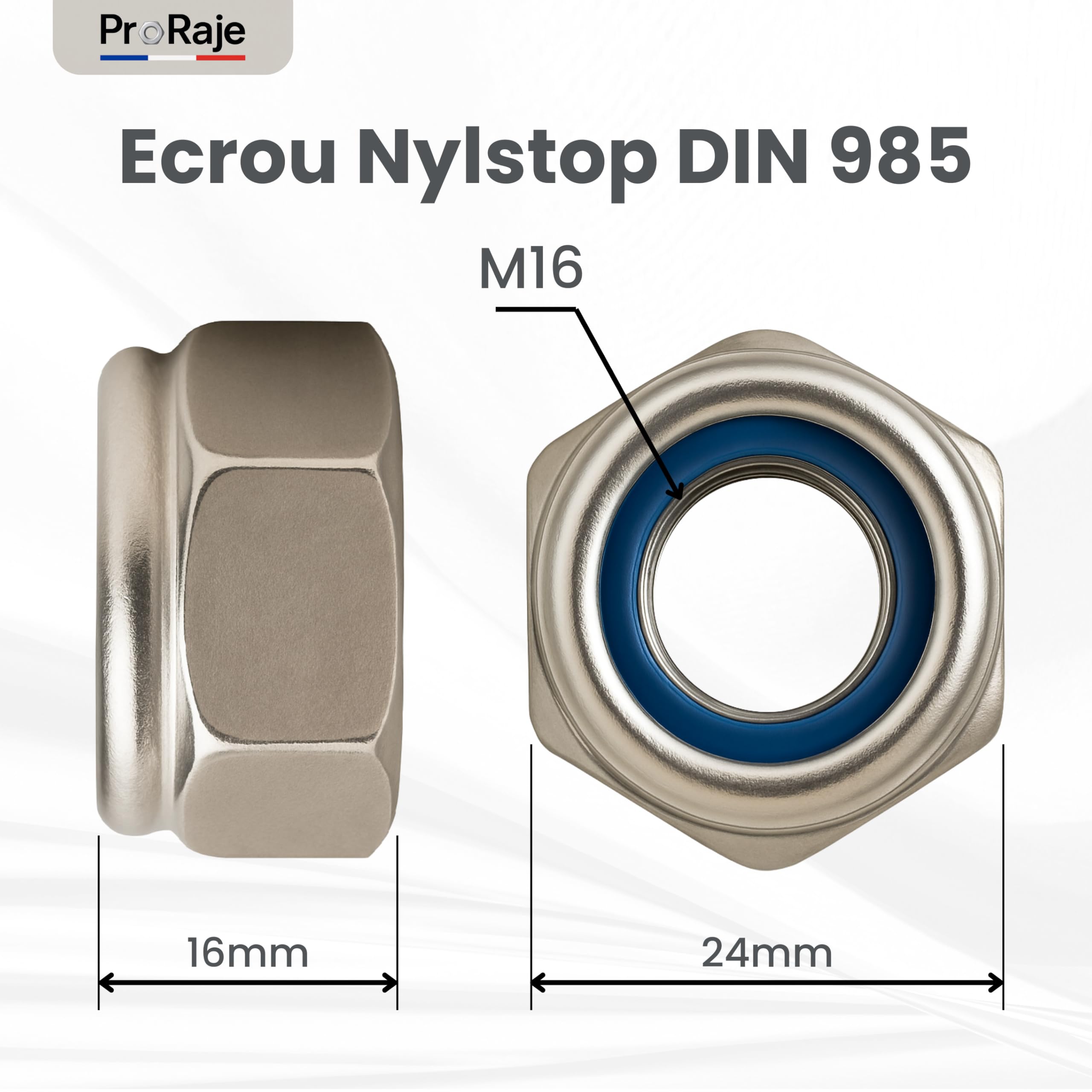 Dado Nylstop M16 in acciaio inox indesserrabile Ø 16 mm | dadi freno 16 mm autobloccante esagonale autofrenato DIN 985 acciaio inossidabile A2-70 (V2A/304) con anello in nylon di bloccaggio:
