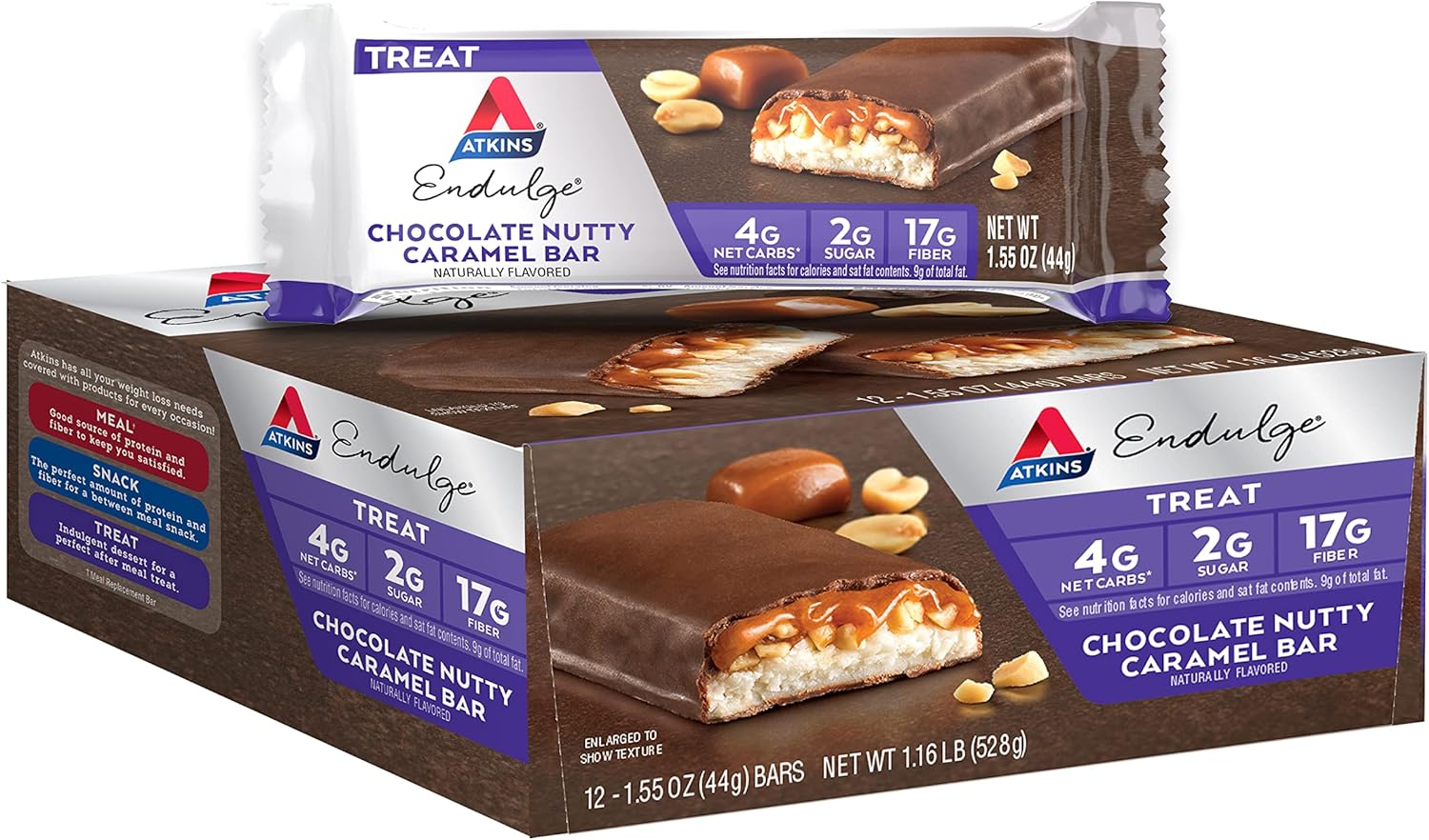 Atkins Endulge Chocolate Nutty Caramel Bar, Dessert Favorite, 2g Sugar, High in Fiber, Keto Friendly, 12 Count