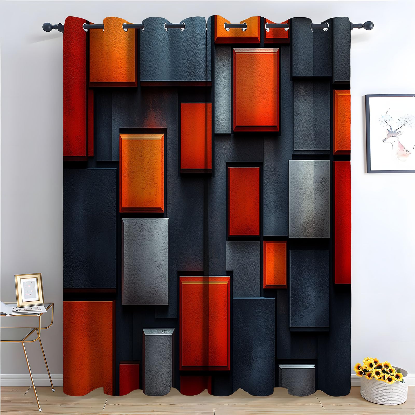 Blickdichte Gardinen - Modernes geometrisches Orangenblock Abstrakt Thermovorhang, Verdunkelungsvorhang für Wohnzimmer und Schlafzimmer-H180 x B140 cm (2er Pack)