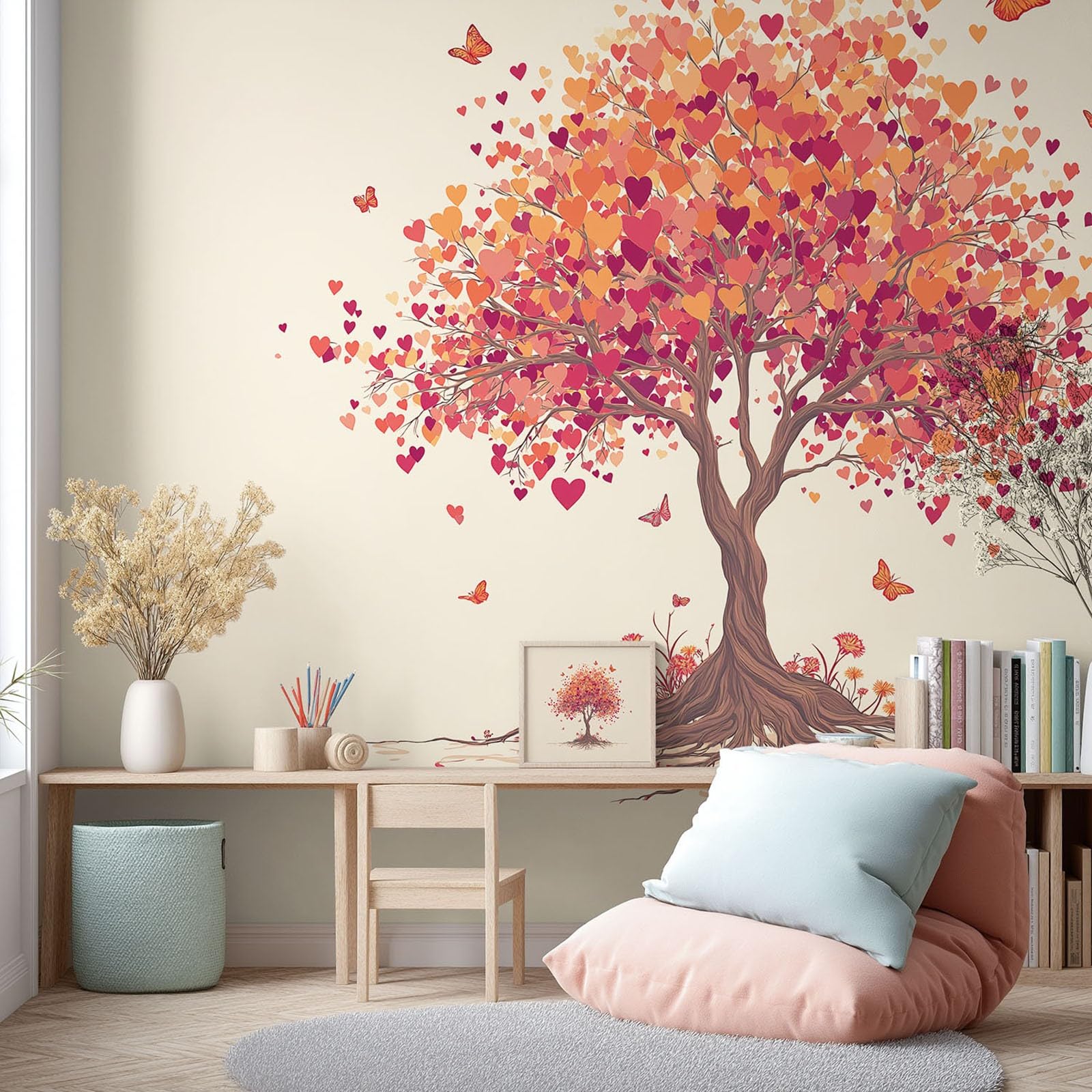 Tapeta 3D romantyczna, minimalistyczna, przytulna, 315 x 215 cm, mural, drzewo, motyl, botaniczna tapeta mural do sypialni, przedszkola, malowniczego ogrodu