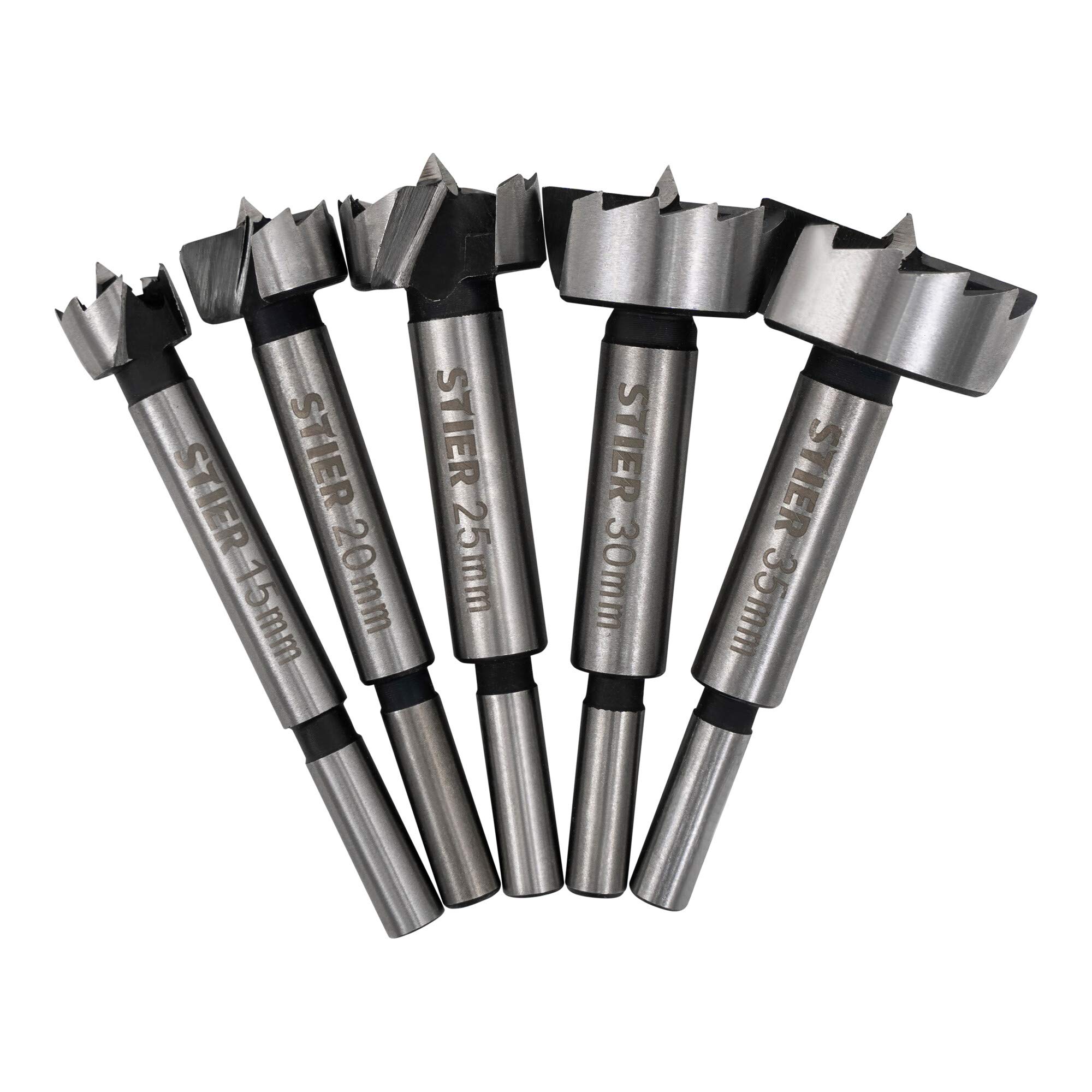 STIER hochwertiger Forstnerbohrer Set, 5-teilig in praktischer Kassette, Bohrergrößen: 15, 20, 25, 30, 35 mm mit 10 mm Schaft, geeignet für Hart- & Weichholz