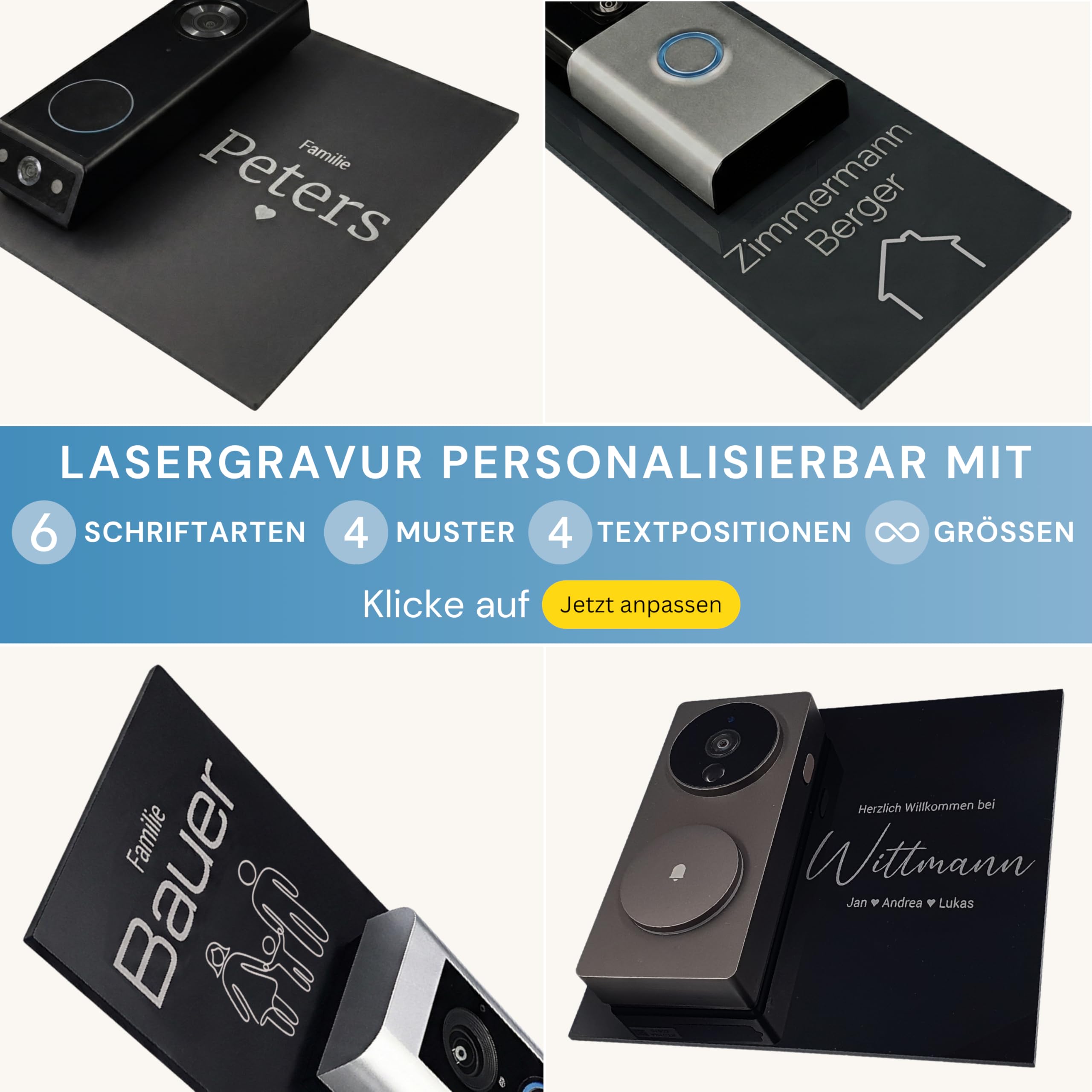 LazerlichtCraft Klingelschild für Aqara Video-Türklingel G4 und G410 personalisiert – Acrylglas Blende mit Wunschgravur – Schwarz glänzend oder Anthrazit matt – Türklingel Zubehör