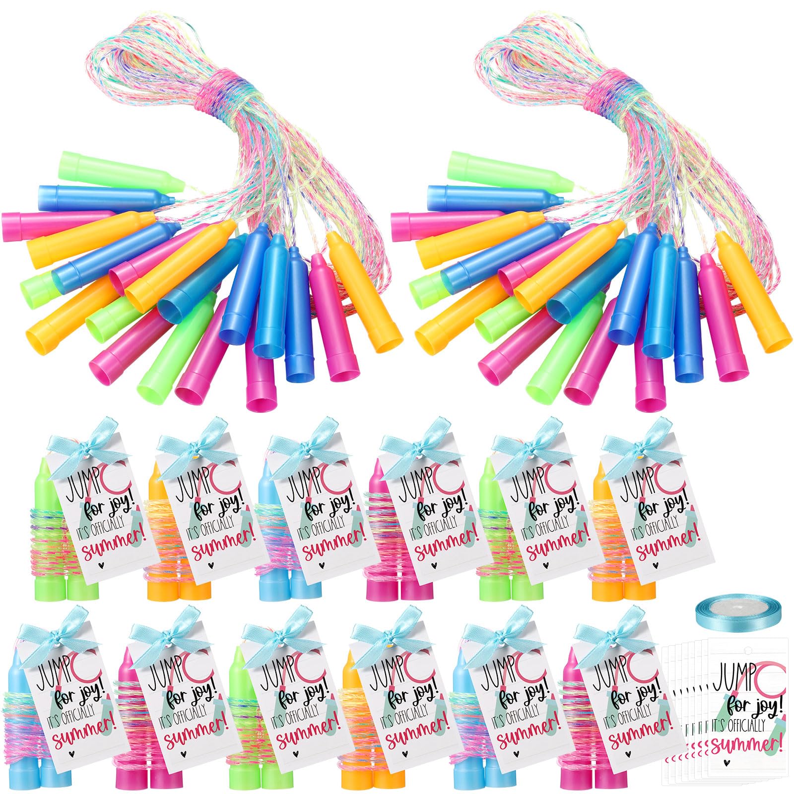 VioraWhite 30 Sets zum Jahresende inklusive 30 Regenbogen-Springseilen, 30 Geschenkkarten mit 1 Rolle blauem Band, 1,9 m, buntes verstellbares Springseil-Set für Preise, Sommerparty,