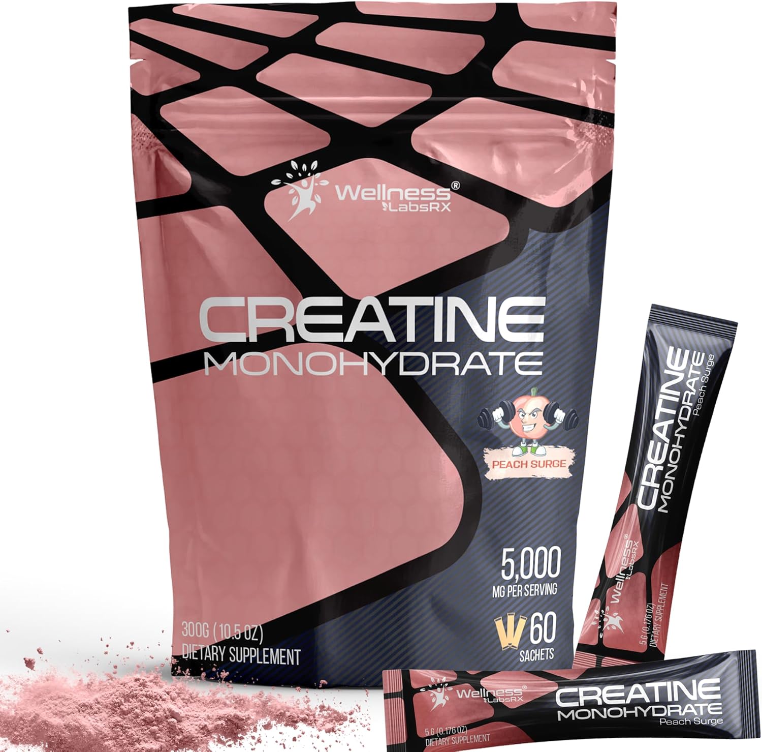 WELLNESS LABSRX Creatine Monohydrate Powder Sachets 300g – Peach Flavor Micronized Creatine Powder Supplement, Creatine for Women and Men, Supports Muscle Strength, Energy, Performance - 60 Servings