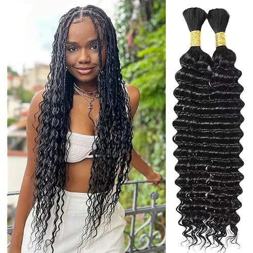 Human Braiding Hair Deep Wave Human Hair Bundles for Braiding 100% Unprocessed Brazilian Virgin Human Hair Curly Bulk Human Hair for Braiding 100g 26 Inch 1B Braiding Hair No Weft