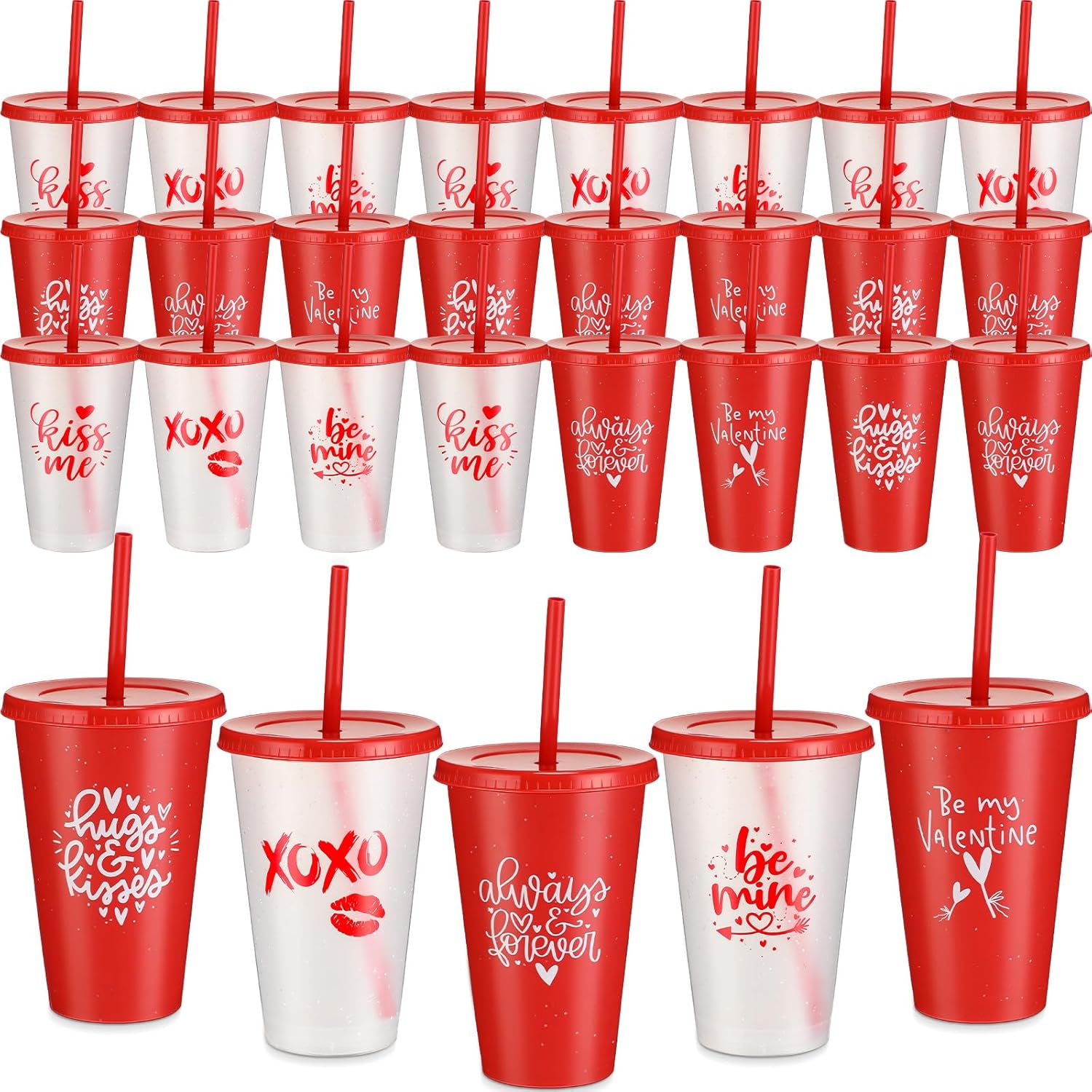 36 Pcs Valentine's Day Tumbler Bulk with Straw and Lid 24 oz Reusable Plastic Heart Cup Clear Red Cups for Coworker Teacher Gifts for Valentines Wedding Anniversary Party Supplies