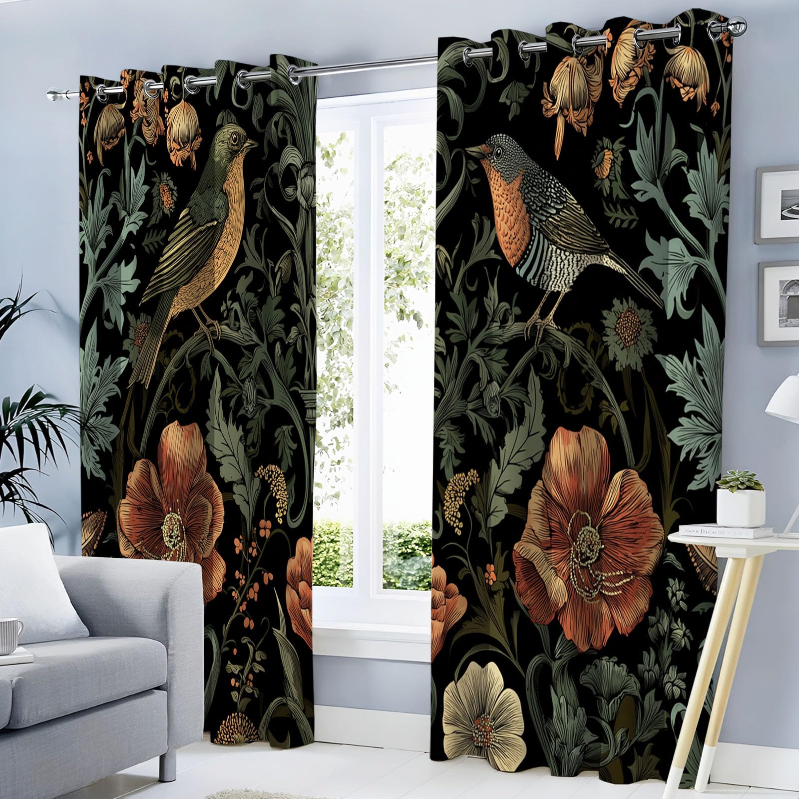 Rideau traditionnel occultant oeillets isolation thermique motif fleurs oiseaux vert 132x213