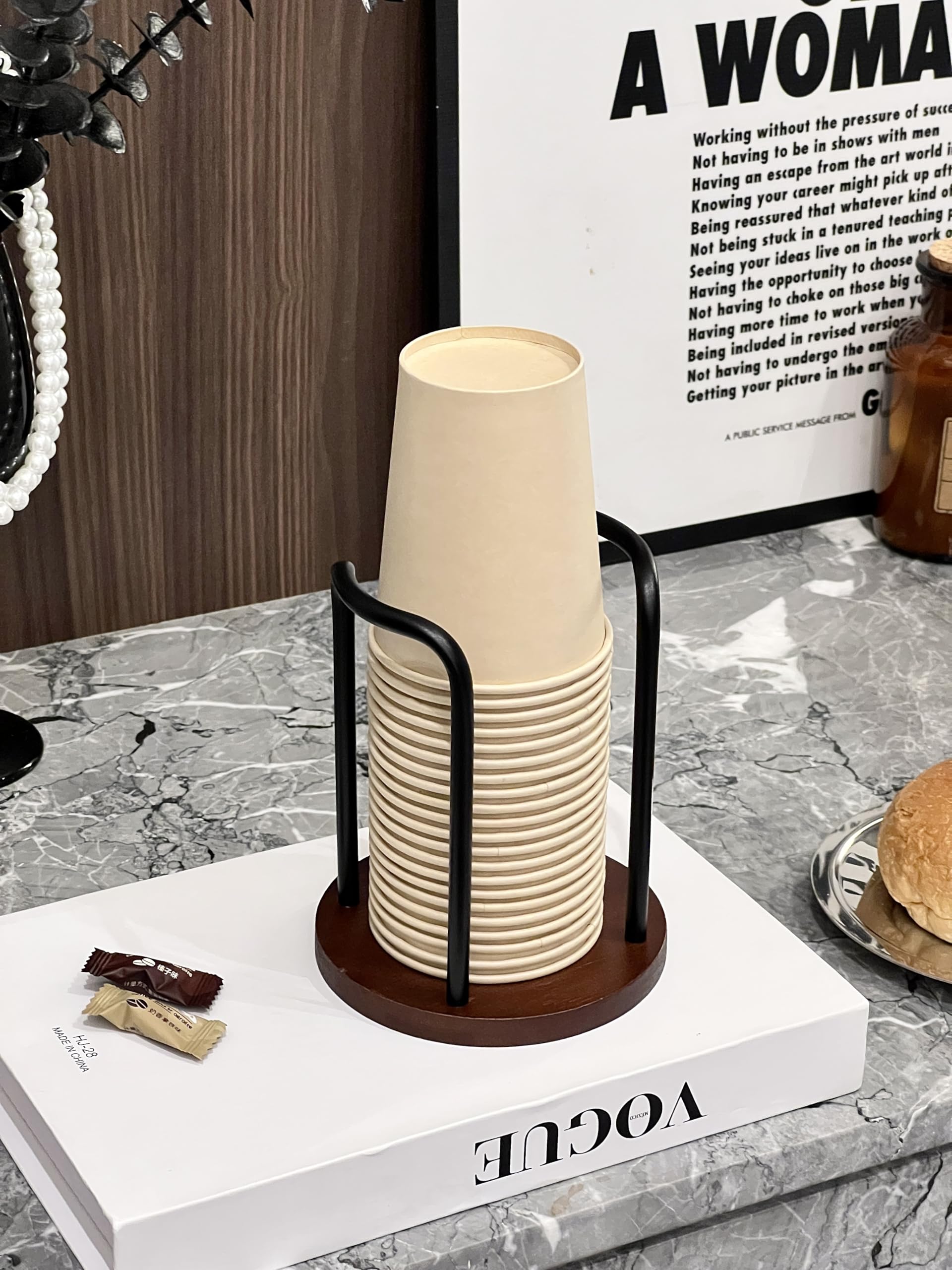 Wood Bathroom Cup Holder 8 Oz, Stylish Walnut Disposable Cup Dispenser, Plastic Mouthwash Cup Storage Organizer for Cups (Under 3.35in Diameter) -Perfect for Office, Kitchen, Gym, School or Cafes