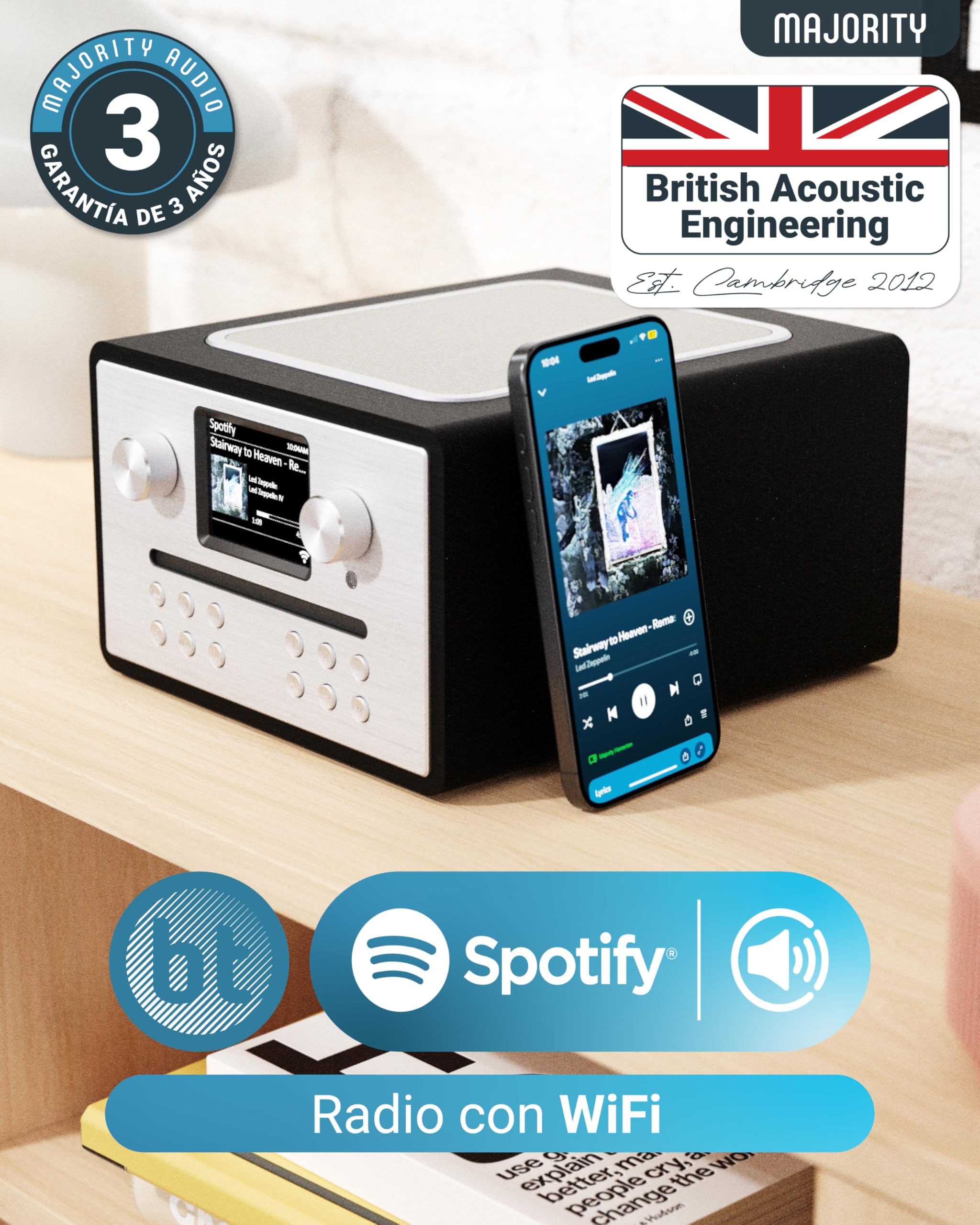 MAJORITY Homerton Radio Internet con Reproductor de CD | Radio WiFi con Dab+, Bluetooth y Despertador | Spotify Connect, Podcasts, FM, 90 Preajustes | EQ Personalizado y Mando a Distancia (Negro)