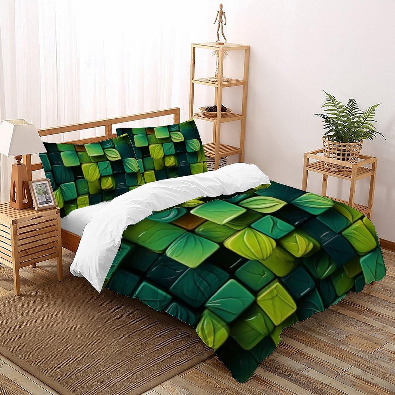 Housse de couette King 220x240cm imprimé vert plantes en microfibre avec fermeture éclair