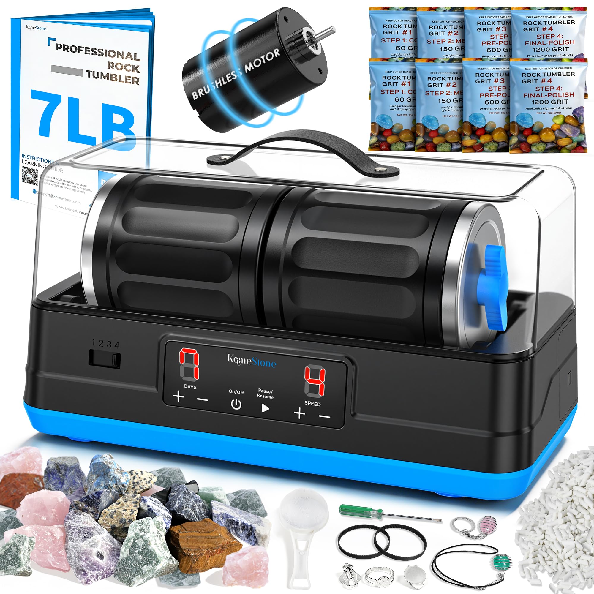 KomeStone Ultra Quiet Brushless Rock Tumbler Kit – 7LB Dual Barrel Polisher with Noise-Canceling Cover, Complete Gemstone & Jewelry STEM Set for Adults & Gift