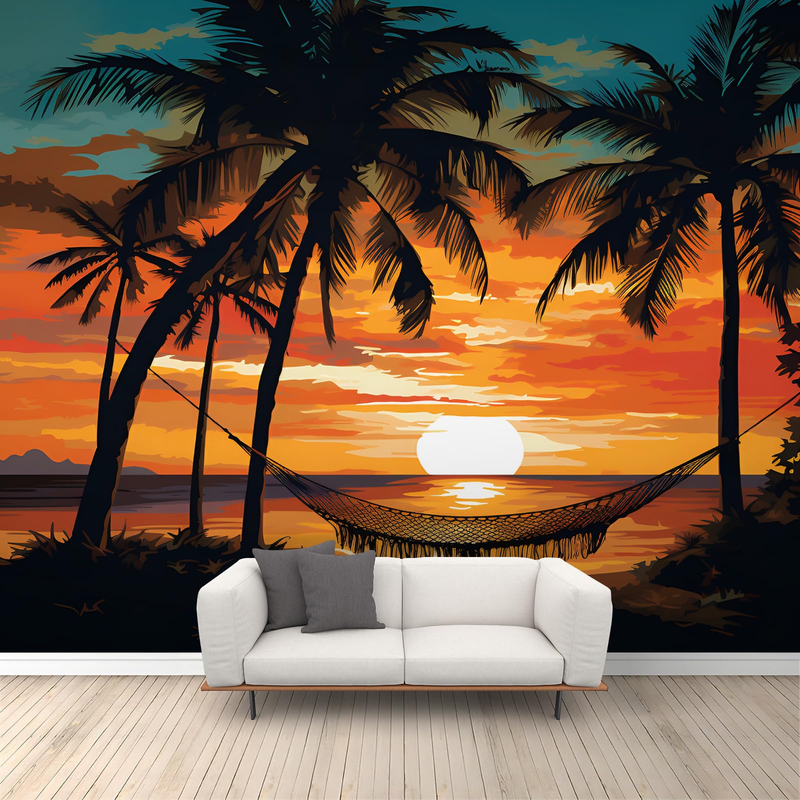 Sea Beach Murals Tropical Sunset Beach Wall Mural Sea View Coconut Trees Mural Wallpaper 3D Natural Landscape Wall Stickers for Bedroom Living Room Nursery 430 x 300 cm