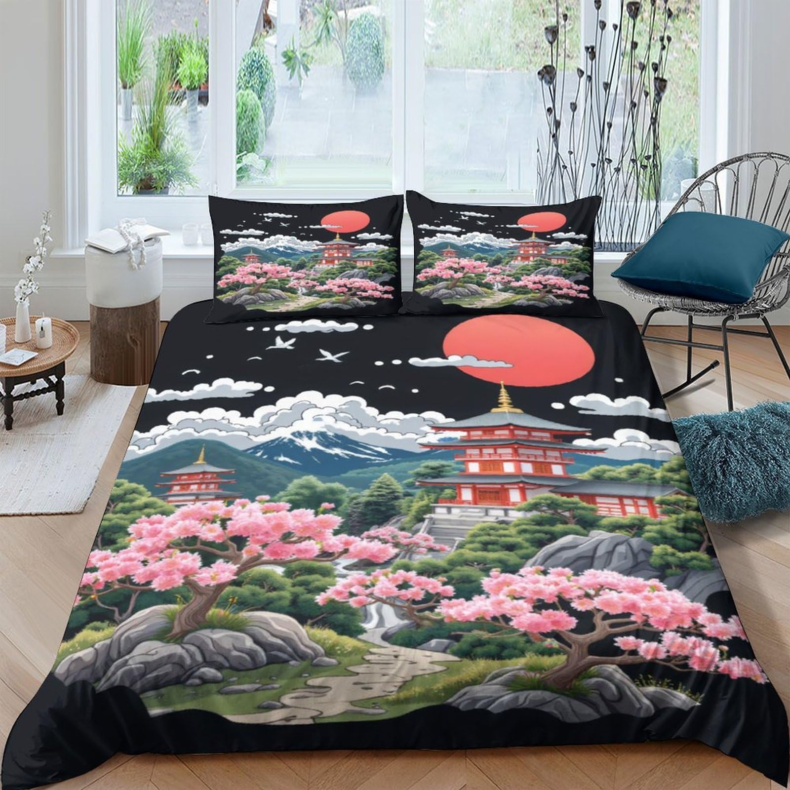 Ctjqhvkz Style-9 3D Printed Japanese Pagoda Fitted Sheet Microfiber Soft Cherry Blossom Bed Cover For Bedroom Guest Room Decor Single（135X200cm）