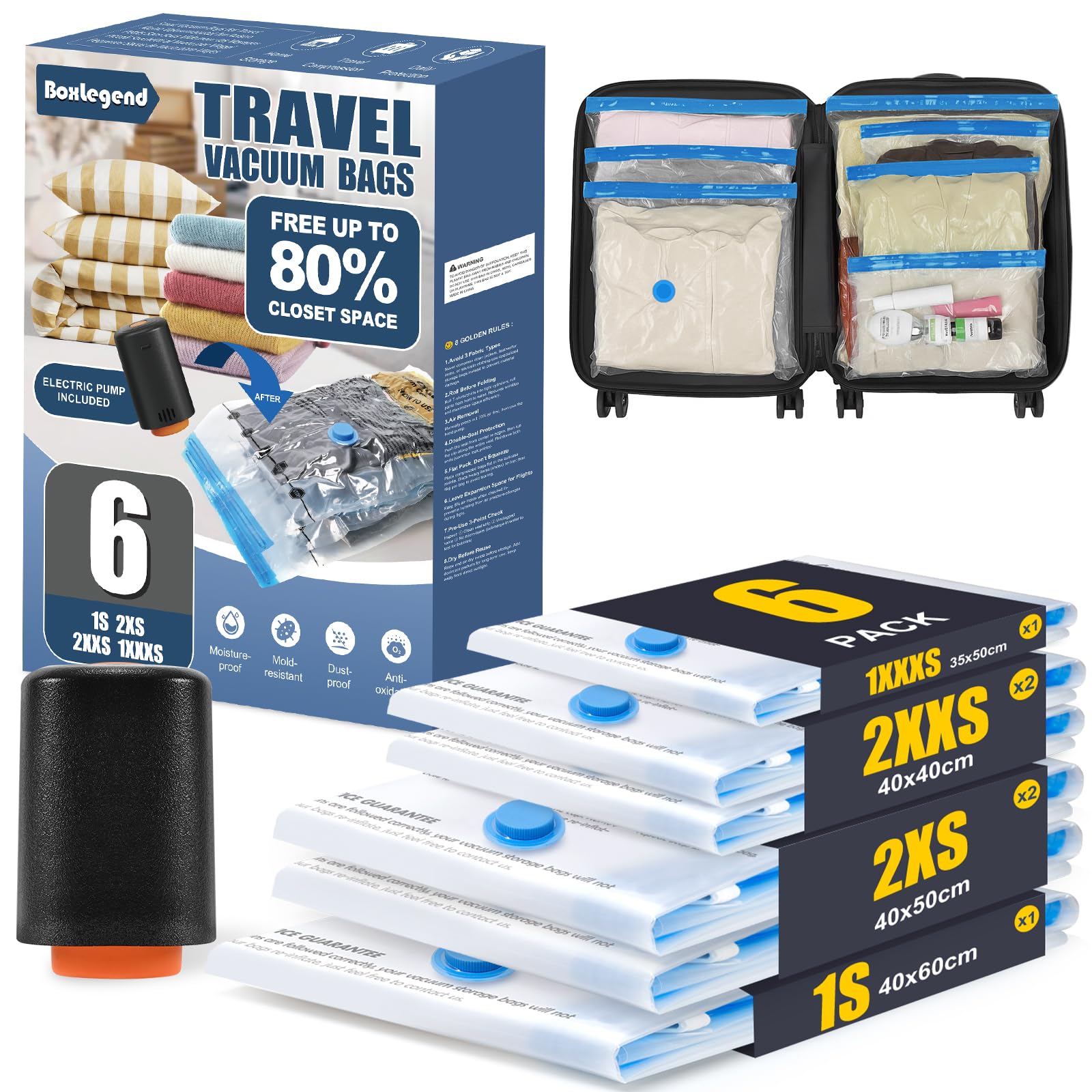 BoxLegend 6 Stück Reise Vakuumbeutel für Kleidung- Für Koffer und Rucksack Verdickt & Wasserdicht, 1* 40x60+ 2* 40x50+ 2* 40x40+ 1* 35x50cm, Mit 1400mAh USB-Elektropumpe