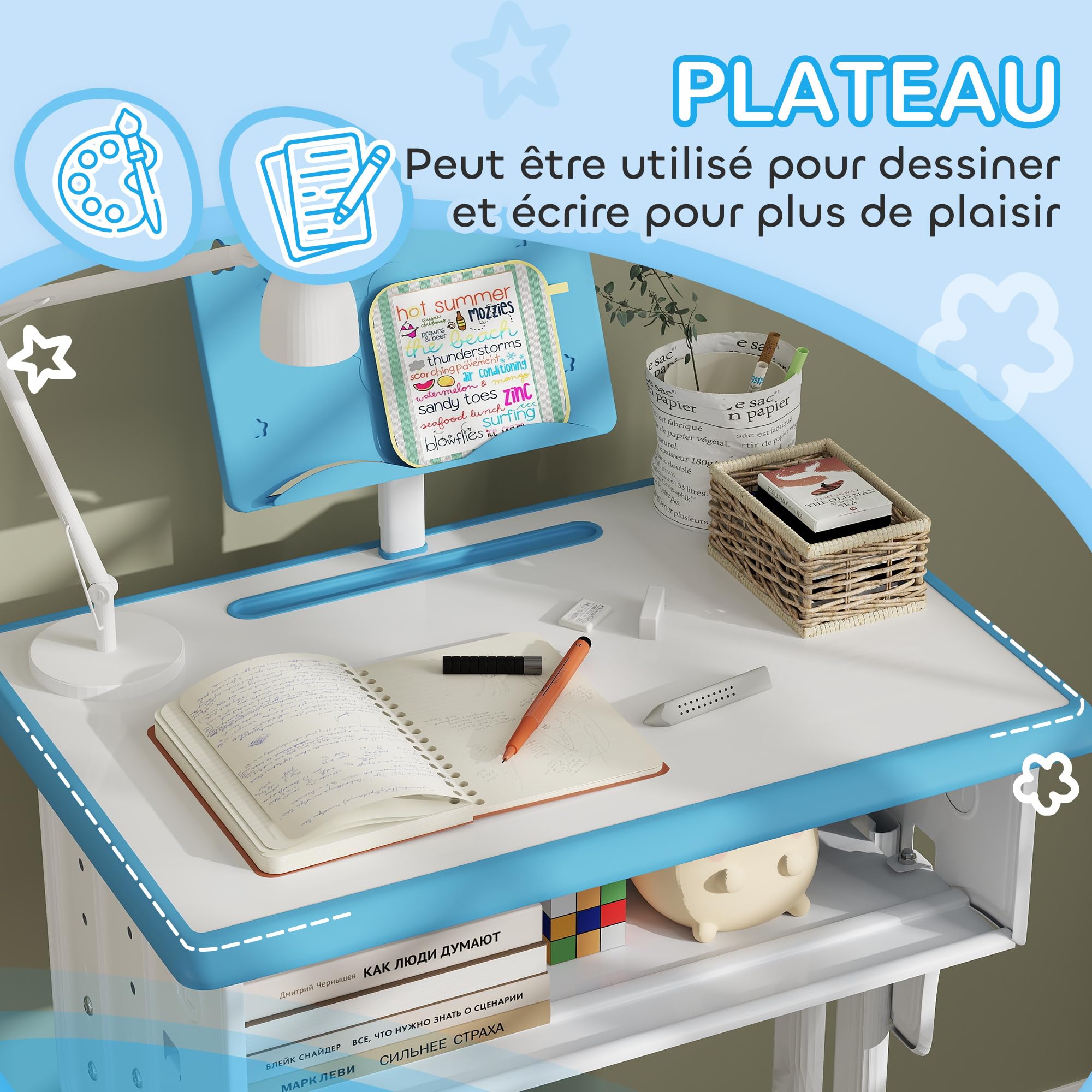 HOMCOM Bureau et Chaise pour Enfant avec Support de Lecture, Hauteur réglable, 60 x 45 x 90-102 cm, Bleu