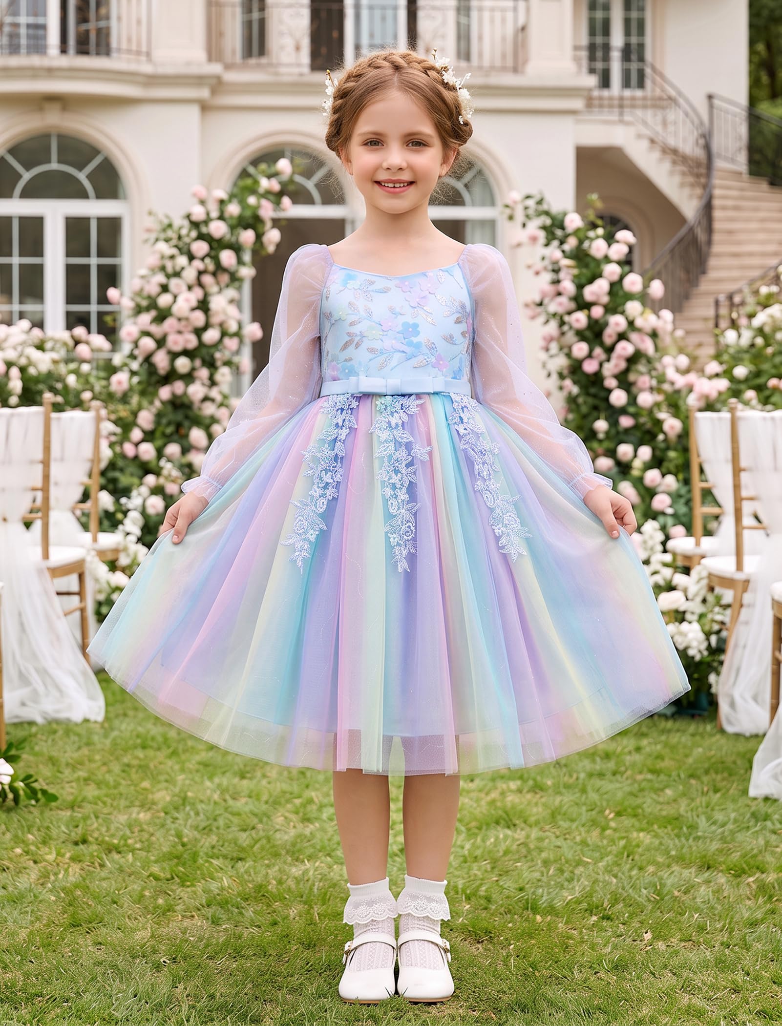 OBEEII Mädchen Prinzessin Langarm Regenbogen Party Tüll Kleid