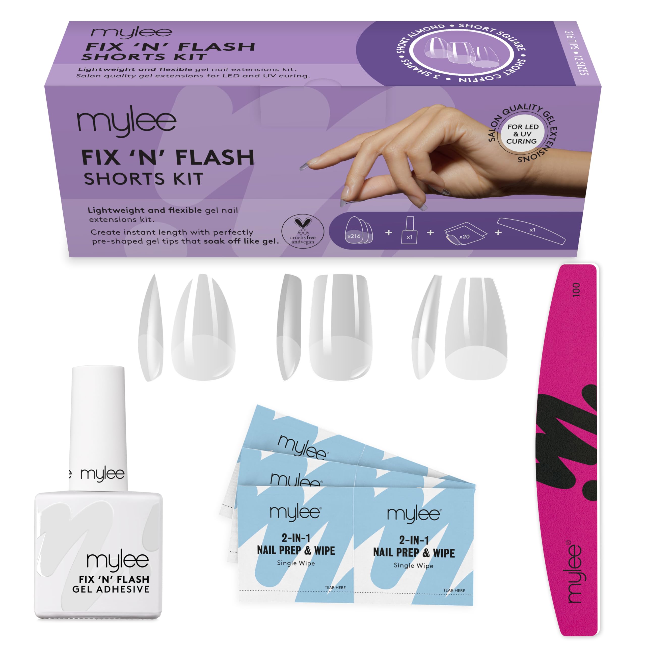 Kit Mylee Fix N Flash Soft Gel Tips Shorts, 3 formes, 216 pcs – Amande, Carré & Coffin, avec Gel, Lingettes Préparatrices & Lime demi-lune, Extension Ongles, Souples & Résistants