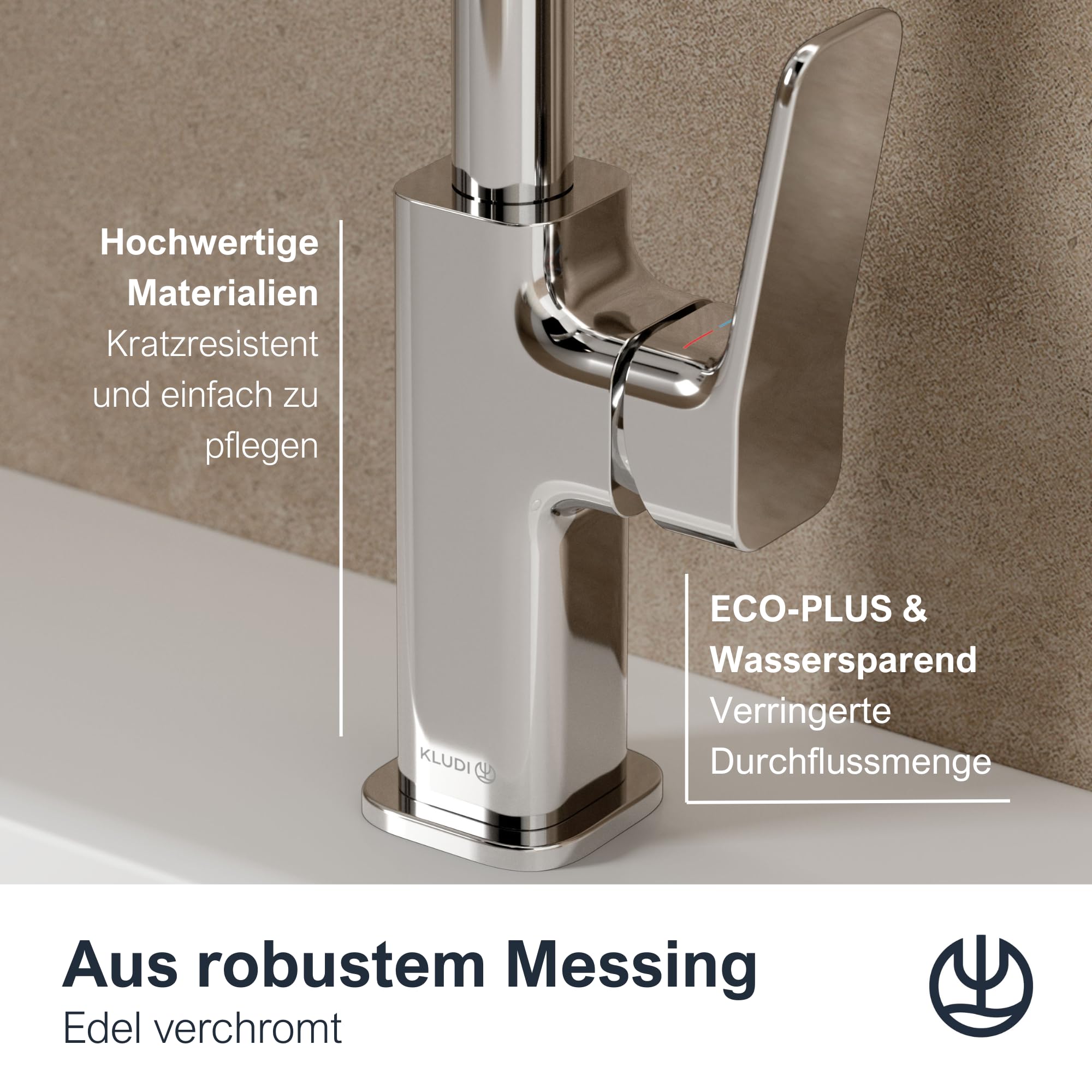 KLUDI-X3 Wasserhahn Bad mit Push-Open Ablaufgarnitur, 360° schwenkbar, Auslaufhöhe 180 mm, wassersparende Waschtscharmatur Bad Größe L, Mischbatterie Waschbecken inkl. Anschlussschläuche in Chrom