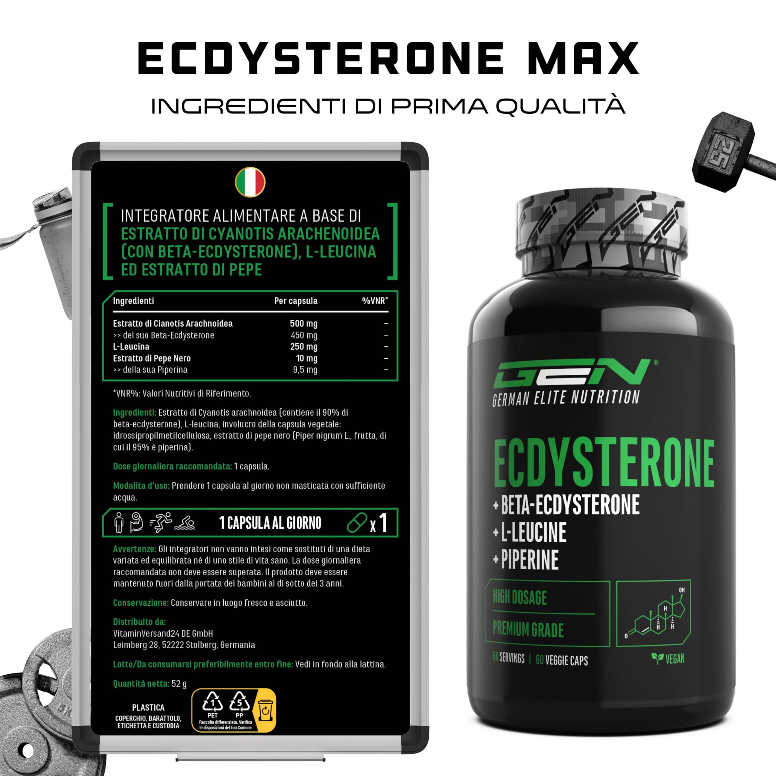 Ecdysterone Complex - Altamente dosato con 760 mg per pezzo - Premium: 90% Beta-Ecdysterone + L-Leucina + Piperina - 60 capsule - Vegan