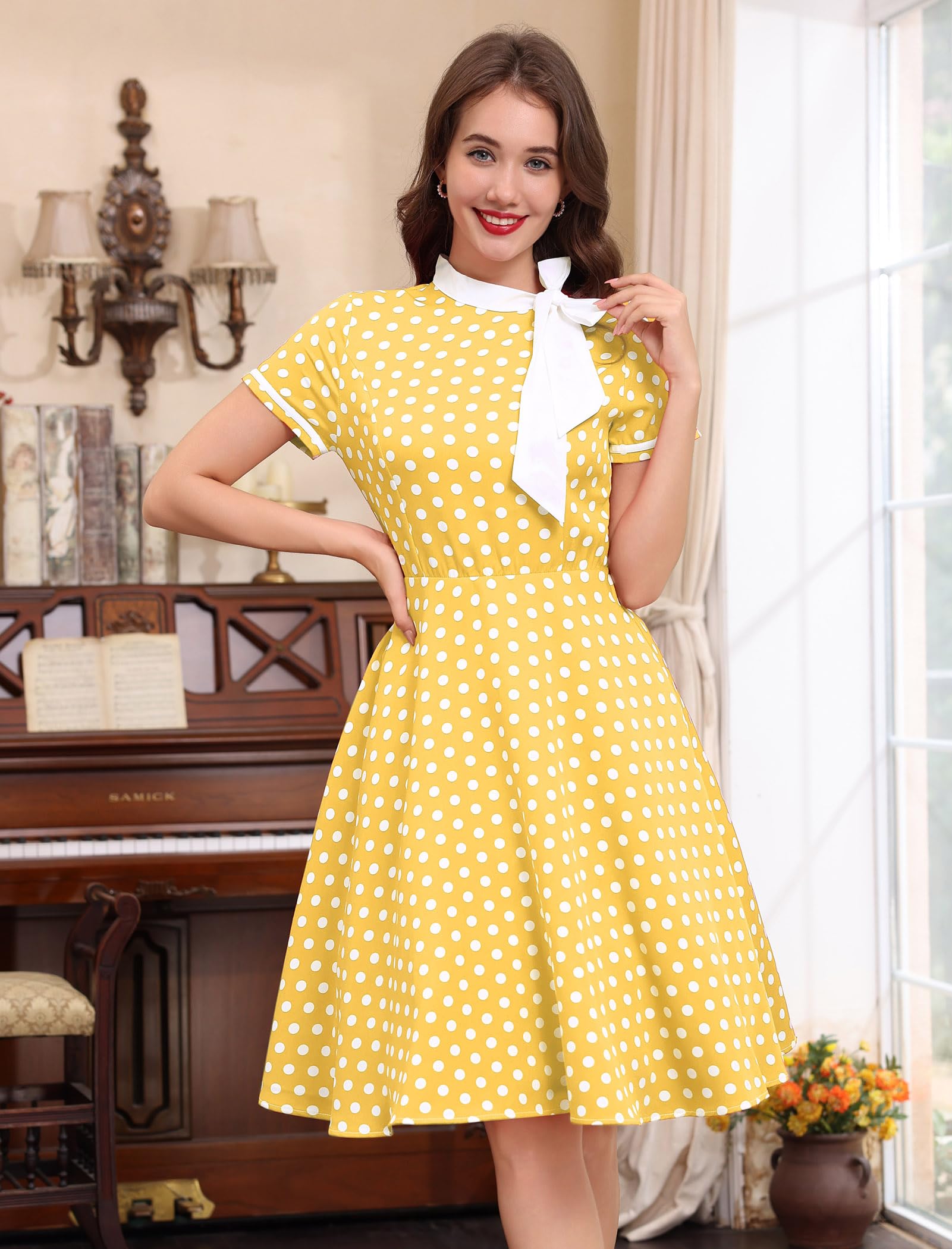 Abito da donna in stile anni '50, vintage, a pois, con fiocco, per lavoro, stile Audrey Hepburn, Rockabilly, cocktail party