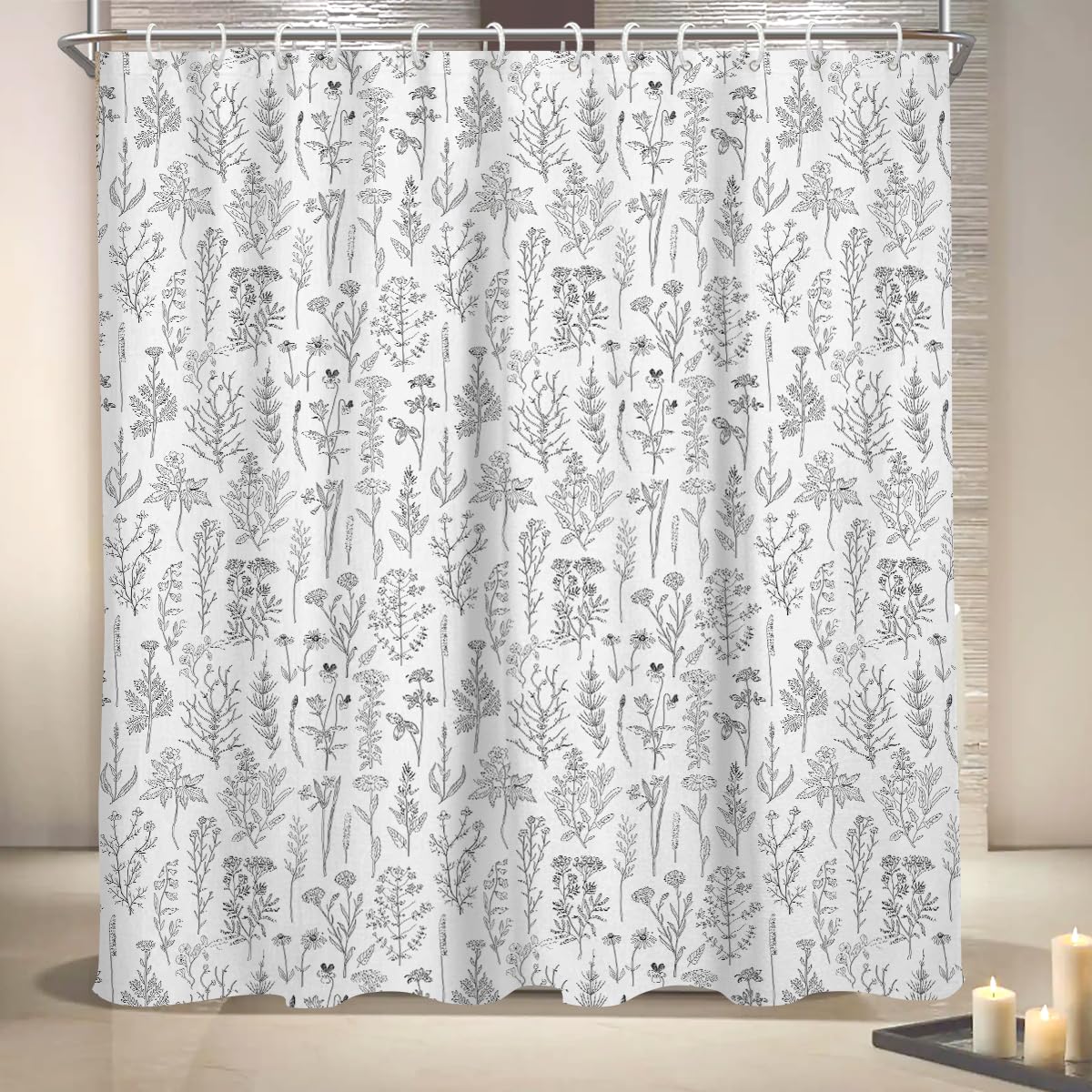 Coxila Vintage Floral Shower Curtain Extra Long XL Botanical Flower Black White Gray Farmhouse Neutral Wildflower Cute Retro Plant Nature Bathroom 72