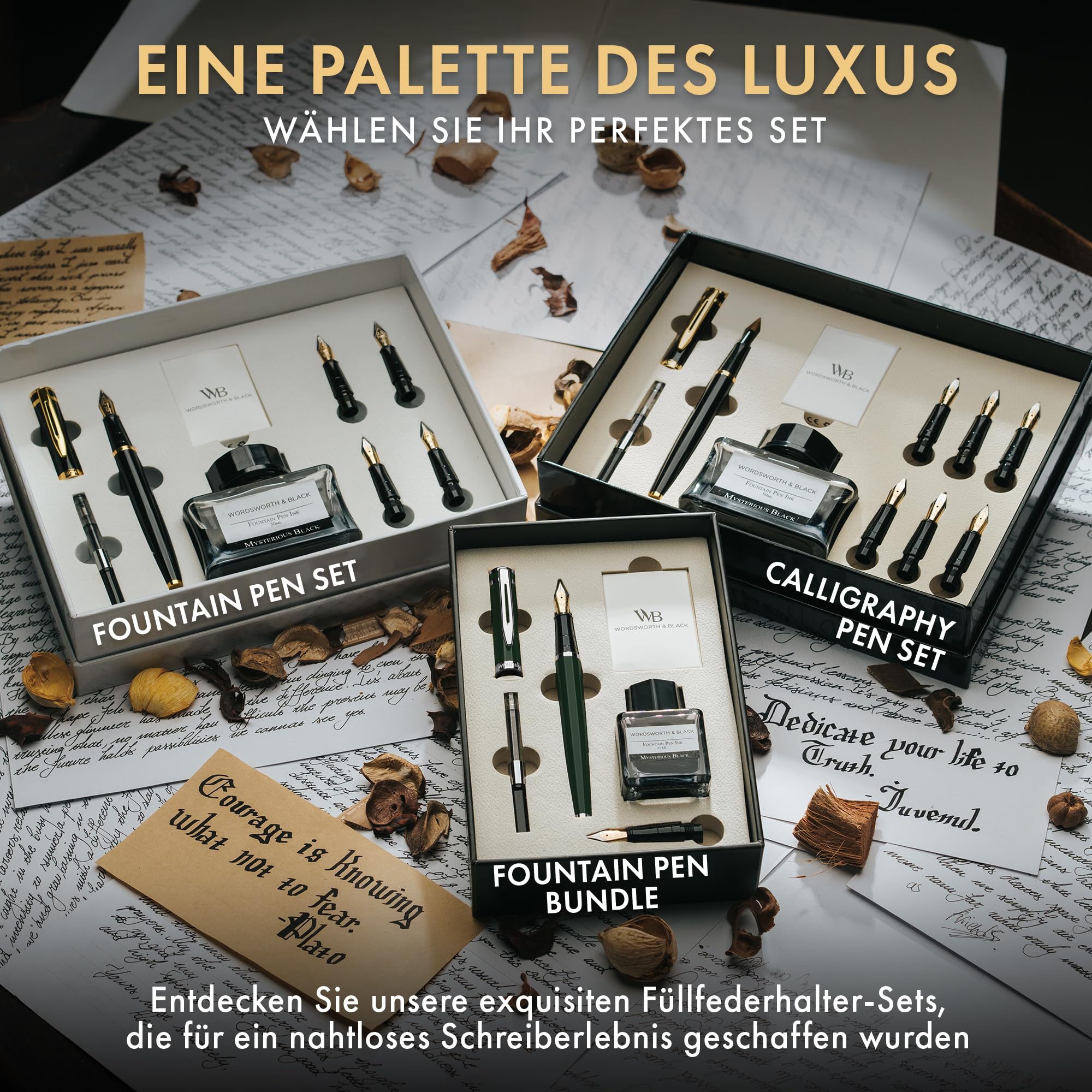 Wordsworth & Black Füller Geschenkset, Feder M & Extra Fein, Grünchrom | Füllfederhalter, Für Männer & Frauen, Messing, 18K Deutsches Iridium, Tintenfass + 6 Tintenpatronen, Konverter, Kalligraphie