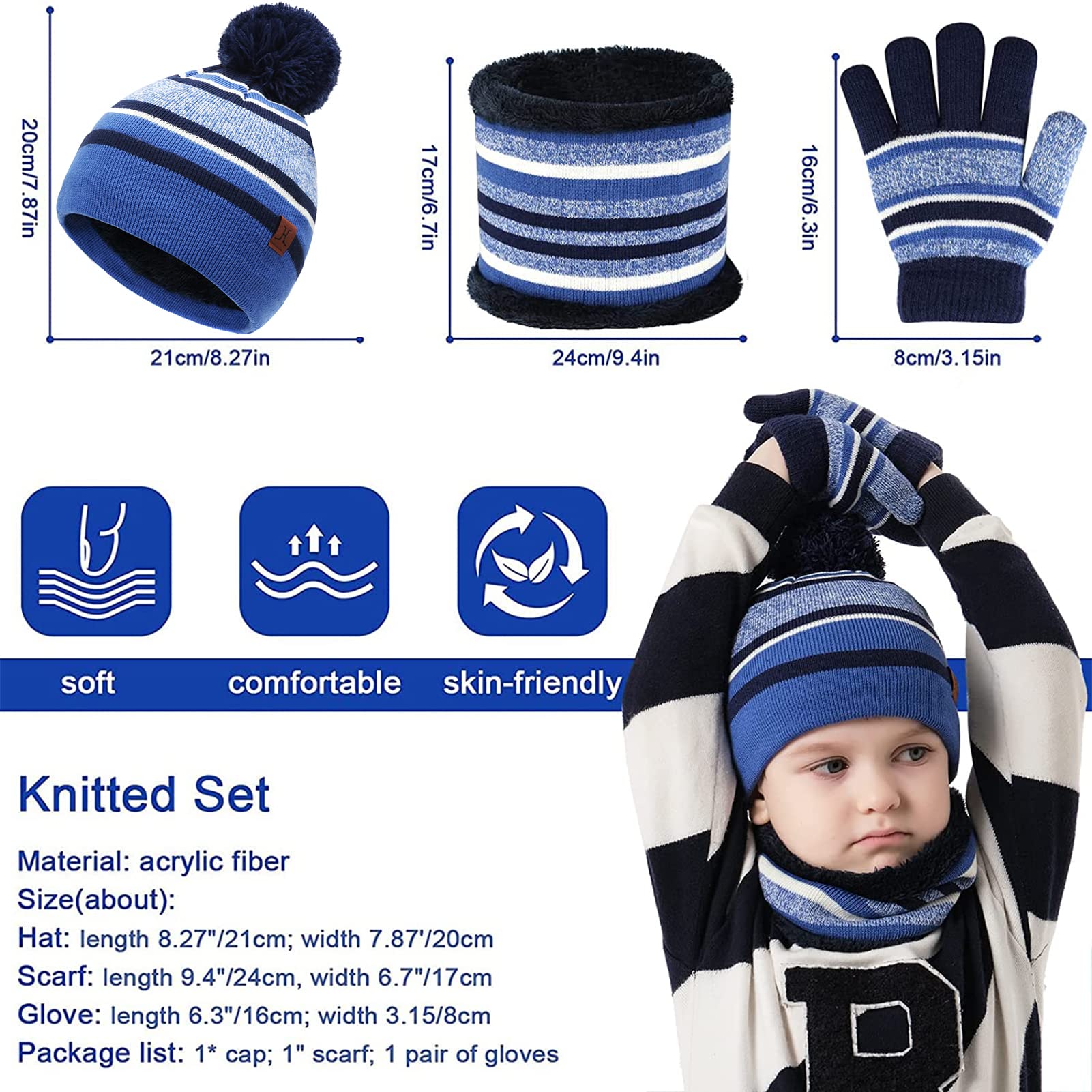 Bequemer Laden Enfants Hiver Tricoter Chaud Bonnet Chapeau Echarpe Gants Ensemble pour Garcon Fille 2-7 Ans avec Doublure Polaire Pompon