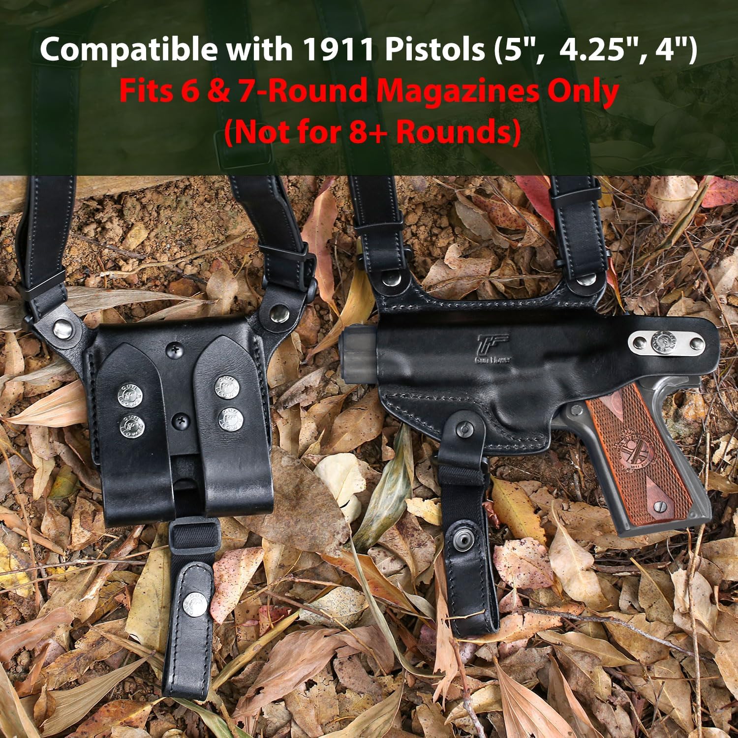 Handmade Leather Shoulder Holster for 1911 Pistols with Matching Magazine Pouch | Right-Hand | Adjustable Harness | Fits 5", 4.25", & 4" Barrels | Fits 6 & 7-Round Magazines Only (Not for 8+ Rounds)
