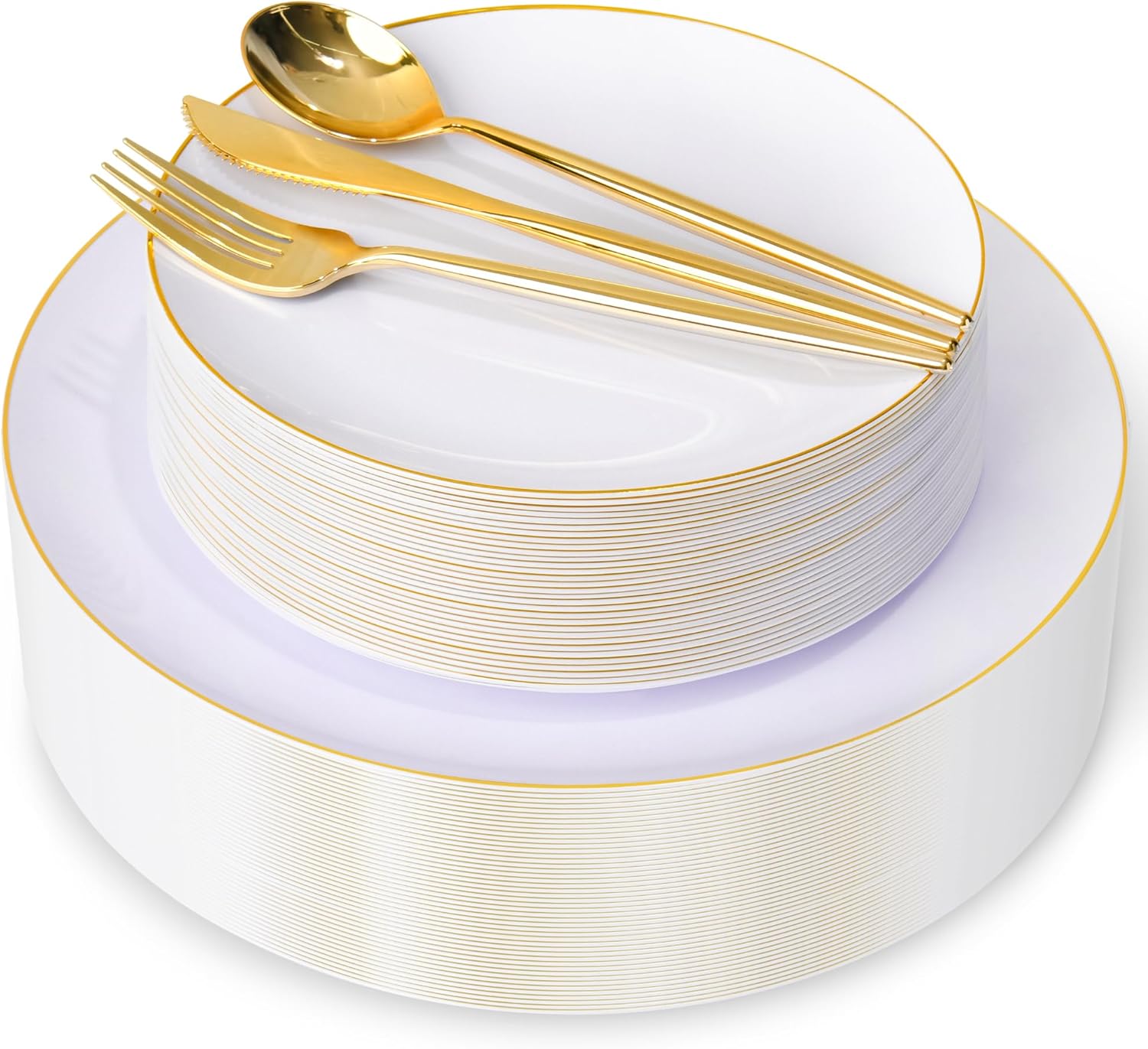 I00000 White and Gold Plastic Plates with Disposable Silverware for 30 Guests,White Plastic Plates Set Include 30 Dinner Plate,30 Dessert Plate,90 Gold Cutlery for Wedding & Party