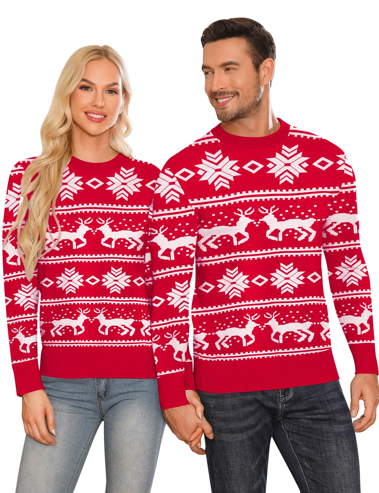 Babioboa Christmas Sweater for Men Women Snowflake Reindeer Xmas Crewneck Knitted Sweater Couple Matching Pullover Jumper Top