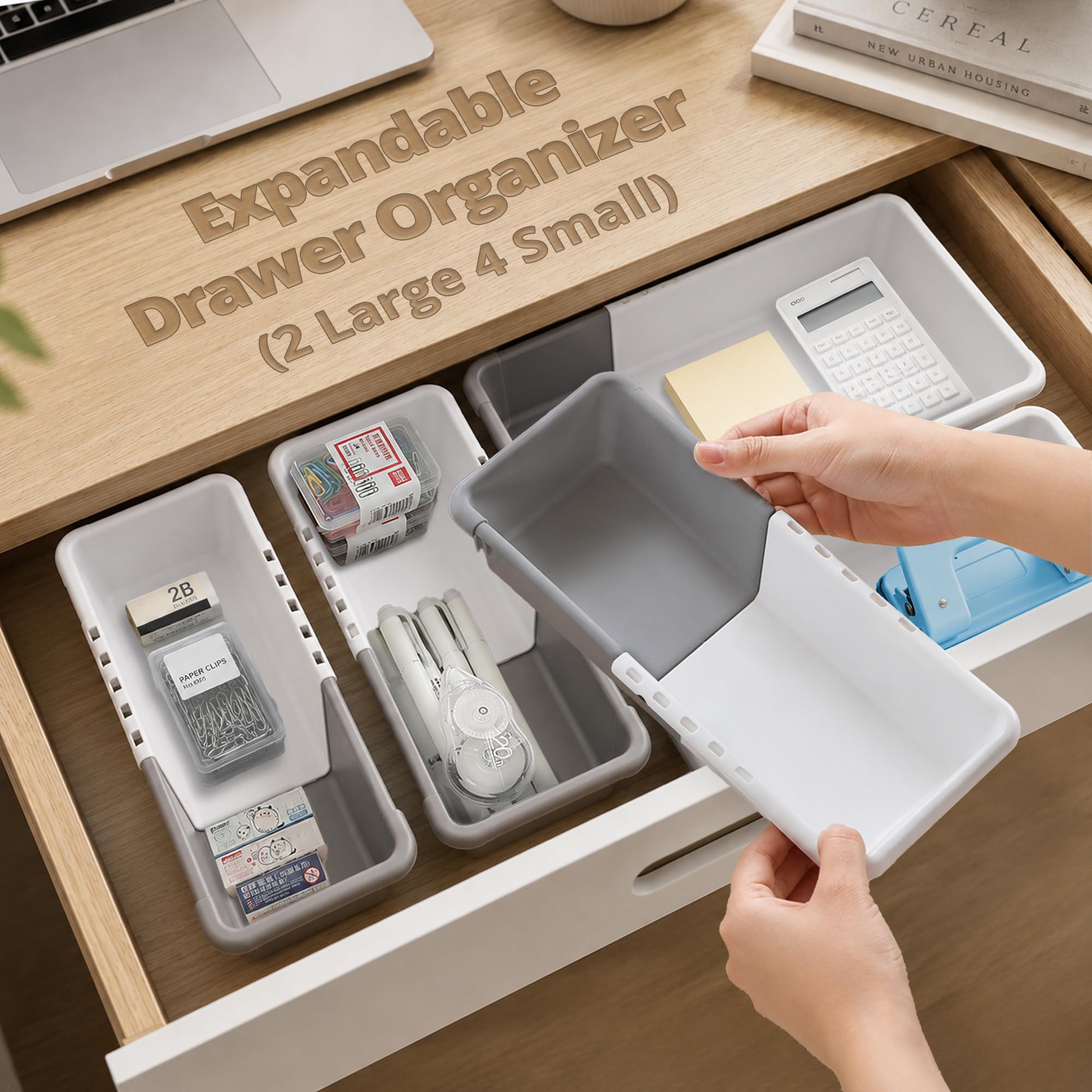 LivingBasics 2 Large 4 Small Expandable Drawer Organizer (White & Grey)-picture-16